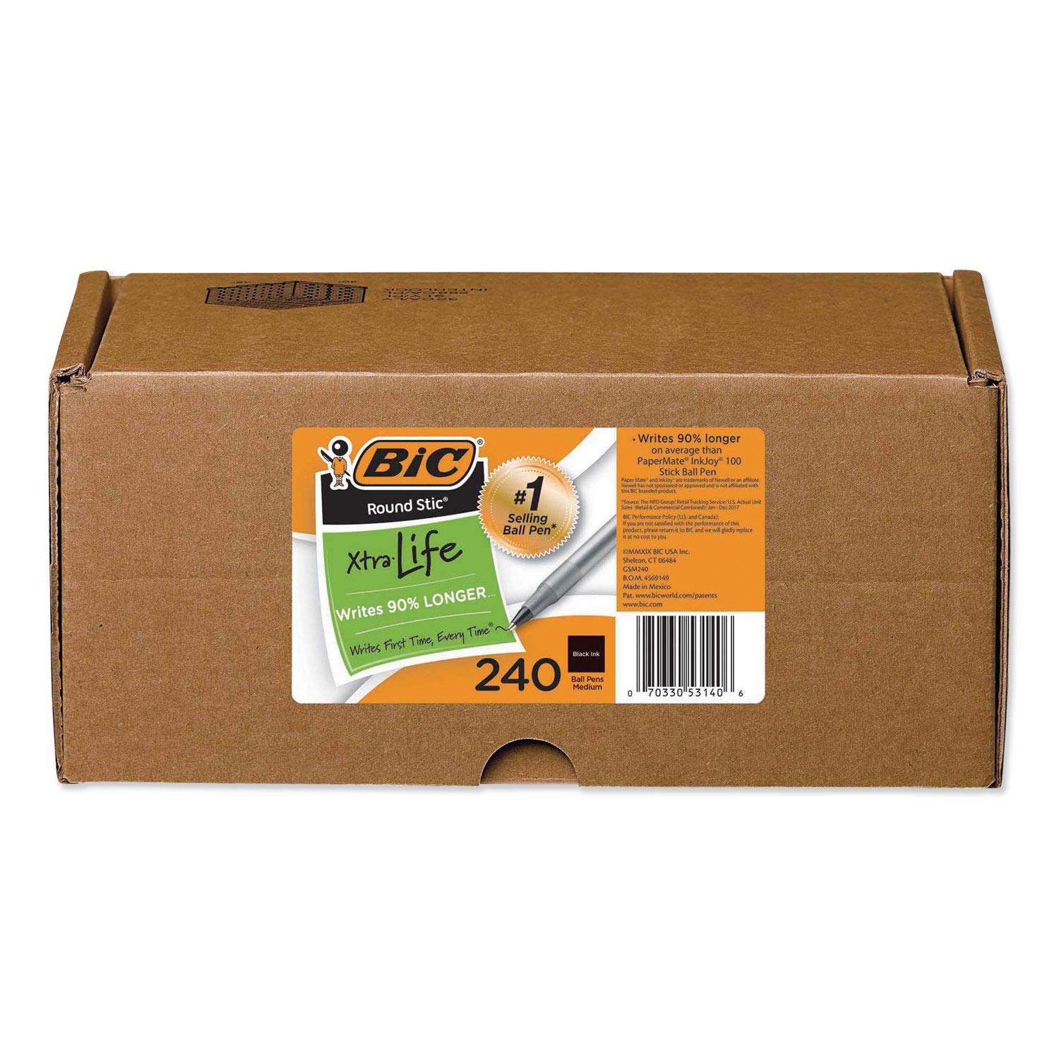 BIC GSM240BK Round Stic Xtra Life Stick Ballpoint Pen VP, 1mm, Black Ink and Barrel, 240/Carton