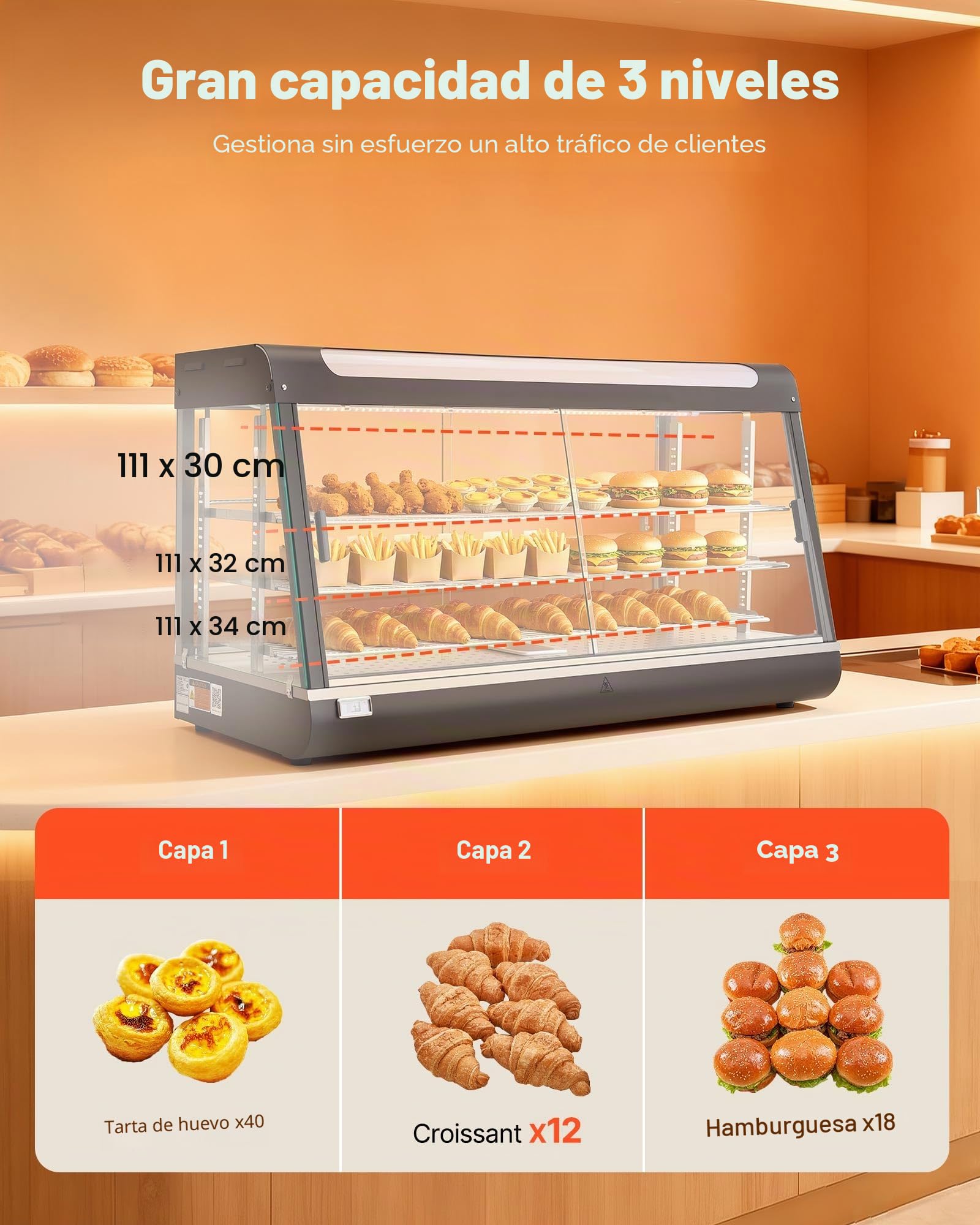 VEVOR Vitrina de Calor para Hostelería 3 Niveles 1600 W, Expositor Calentador de Alimentos 180 L con Luz LED, Estantes Extraíbles, 30 °C a 85 °C, para Tapas, Hamburguesas, Pizzas, Pan, Pollo Frito