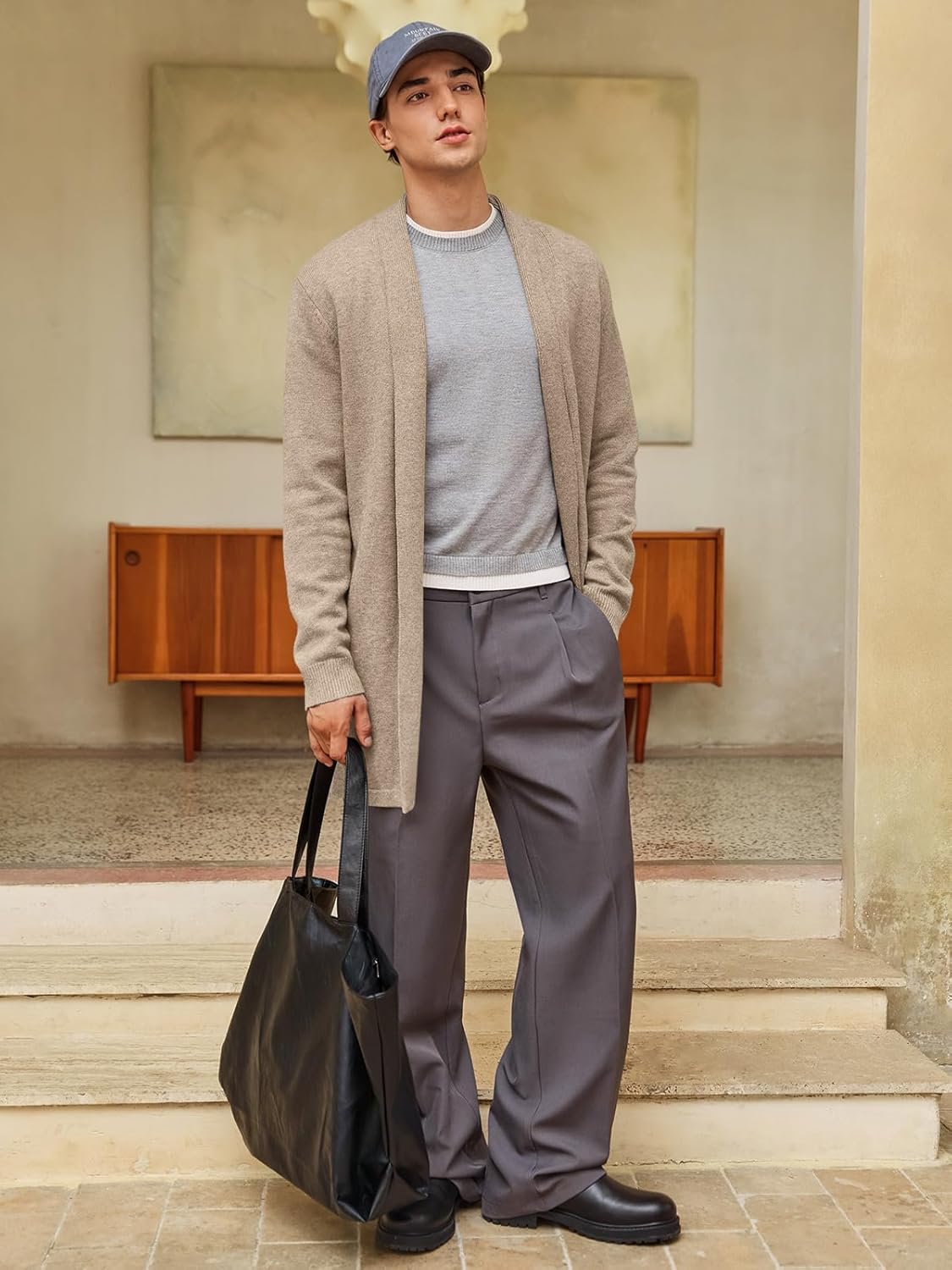 Runcati Mens Long Cardigan Sweater Casual Ruffle Shawl Collar Open Front Cardigan Knit Drape Cape Winter Sweaters - Image 4