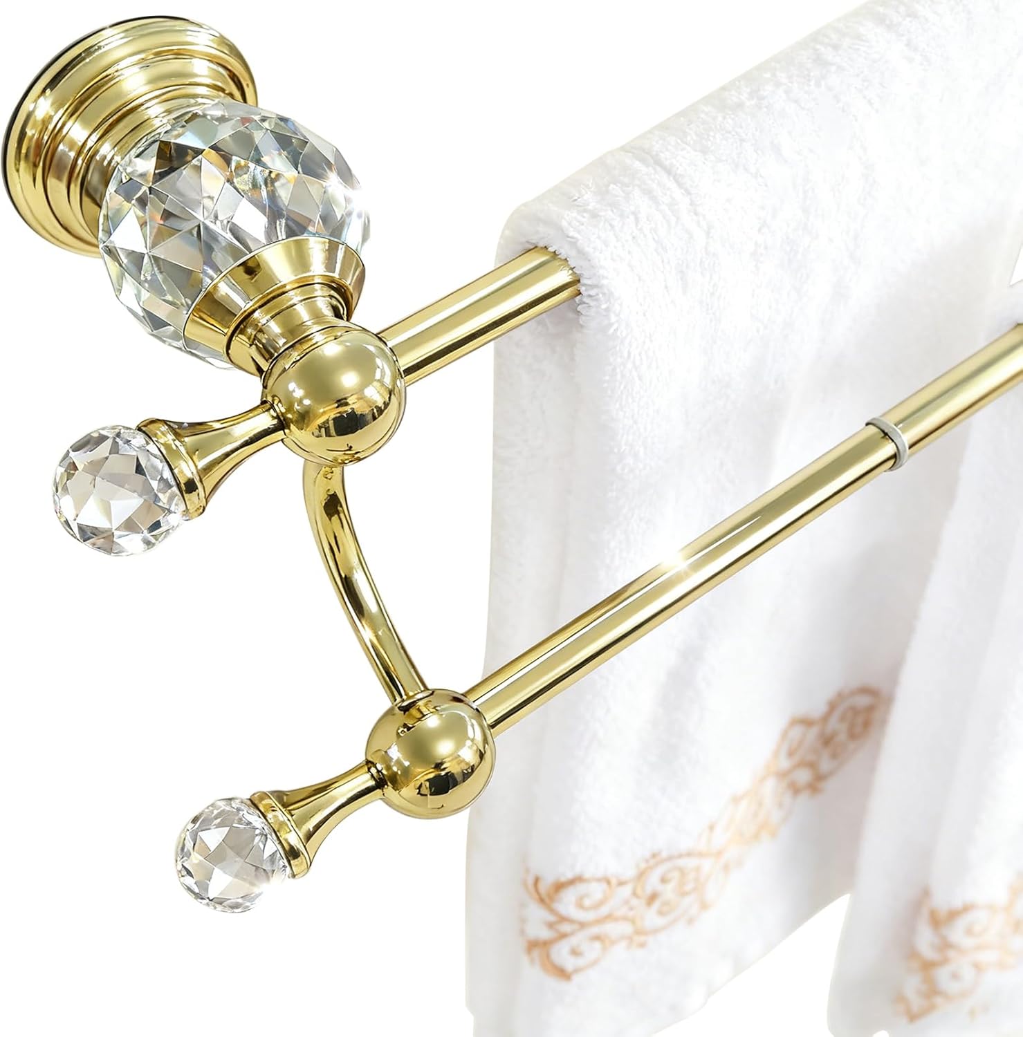 Gold Double Towel Bar with Crystal, Adjustable Towel Racks for Bathroom Wall Mounted 18-30 Inches, Stainless Steel Towel Rod Holder for Modern Luxury Bathroom