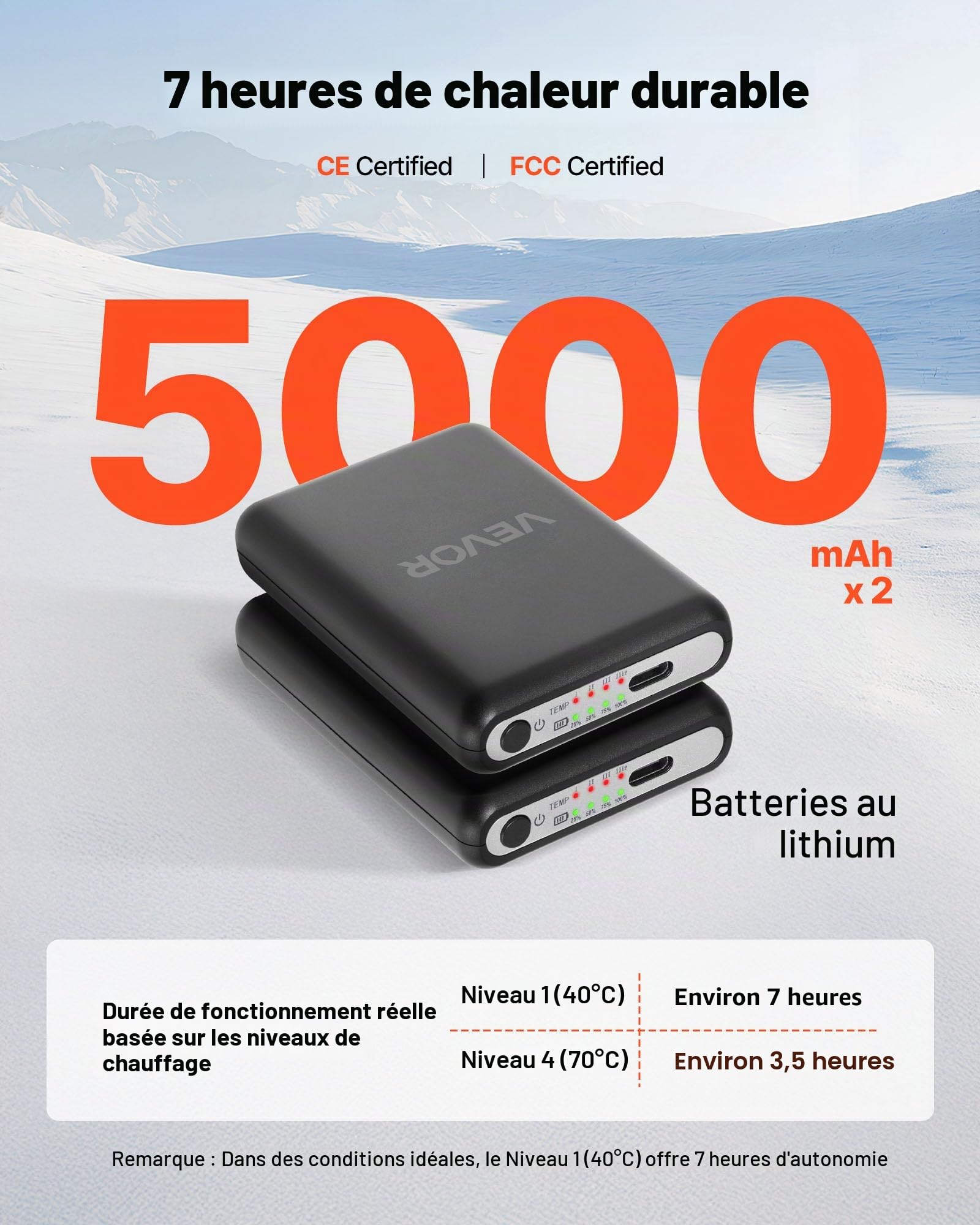 VEVOR Chaussettes Chauffantes Femme Homme à Batterie Rechargeables Électrique 5000 mAh, 4 Niveaux de Chauffage, pour Sports Hiver, Ski, Pêche sur Glace, Randonnée, Travail en Extérieur, Taille Unique
