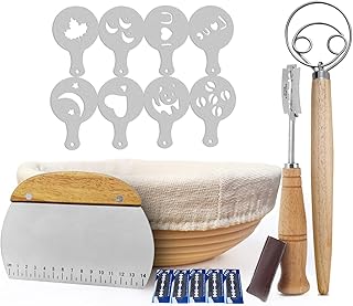 Sourdough Starter Kit - Natural Banneton Proofing Basket with Linen 10 Inch with Dough Scraper, Lame, 2 Circle Whisk and 8 Pc. Stencil Set - Bread Making Accessories Tools. Sour Dough Proving Basket