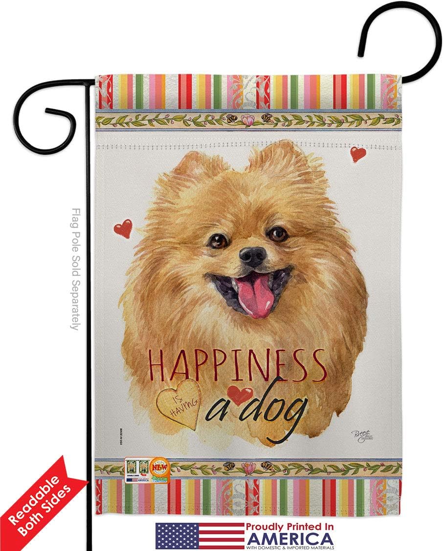 Pomeranian Happiness Garden Flags Pack Animals Dog Puppy Spoiled Paw Canine Fur Pet Nature Farm Animal Creature USA Vintage Applique Small Gift Yard House Banner Double-Sided Made In 13 X 18.5