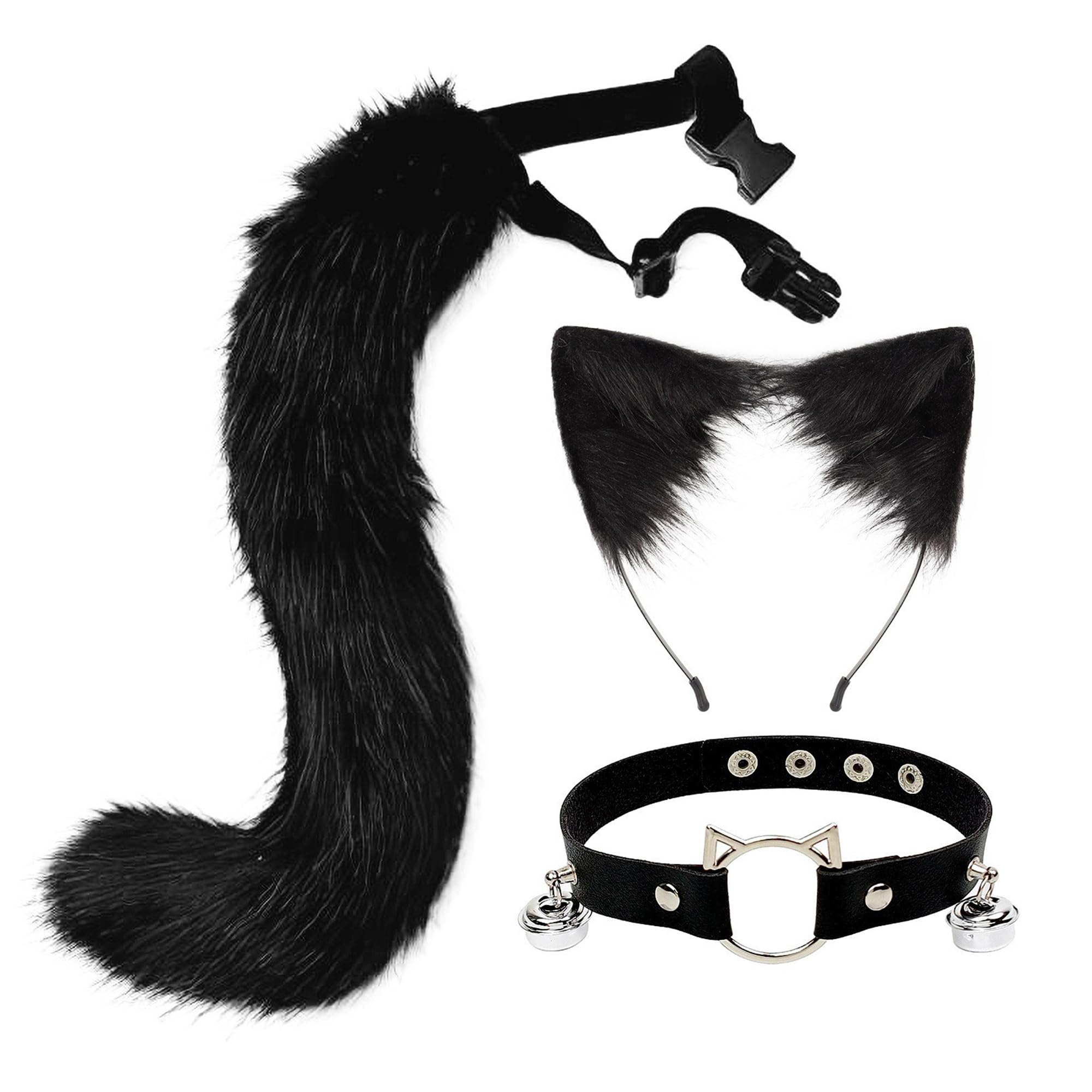SANSIWU Halloween Fashion Faux Fur Cat Ears Hair Clip Party Costume Ornament Furry Wolf Fox Tail Bell Leather Neck Chocker Cosplay Toy Set (A-Black, 50cmx11cm) — image 1