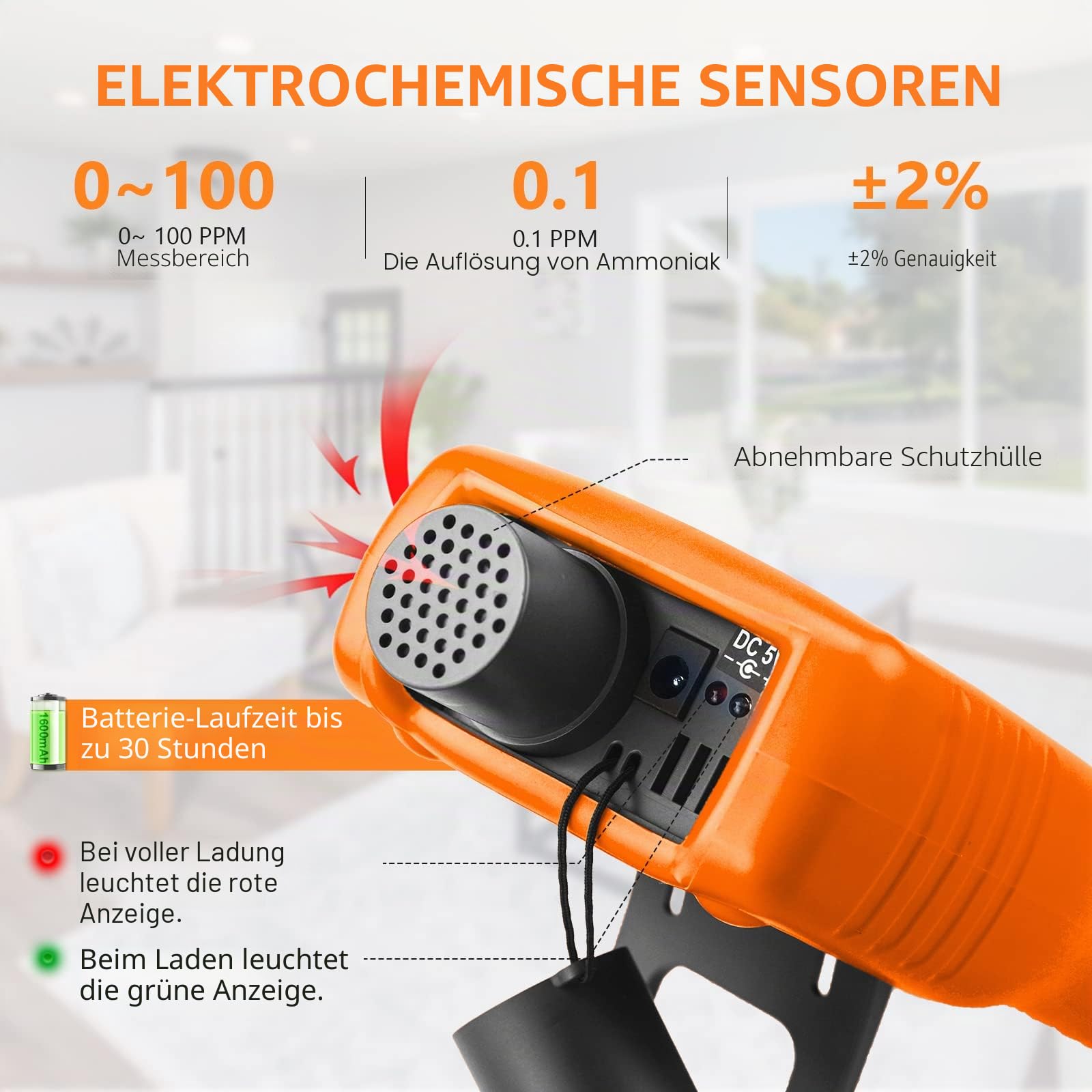 Ammoniak Gasdetektor, LC-5800G 0~100 PPM NH3-Monitor, Professionelles Ammoniak-Messgerät mit Temperatur und Luftfeuchtigkeit, Hintergrundbeleuchtung für Zuhause/Bauernhof/Fabrik