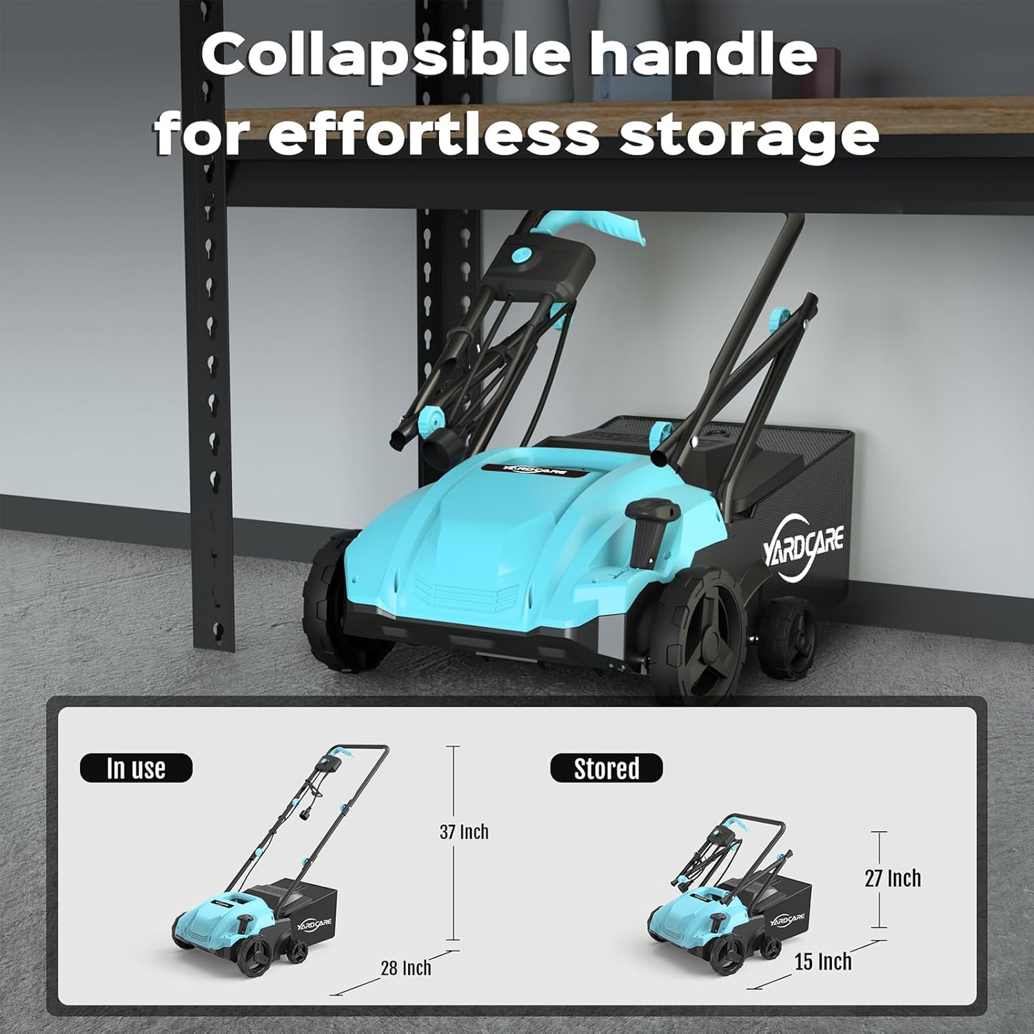 YARDCARE dethatcher shown in both extended and folded positions, highlighting its collapsible handle for compact storage.
