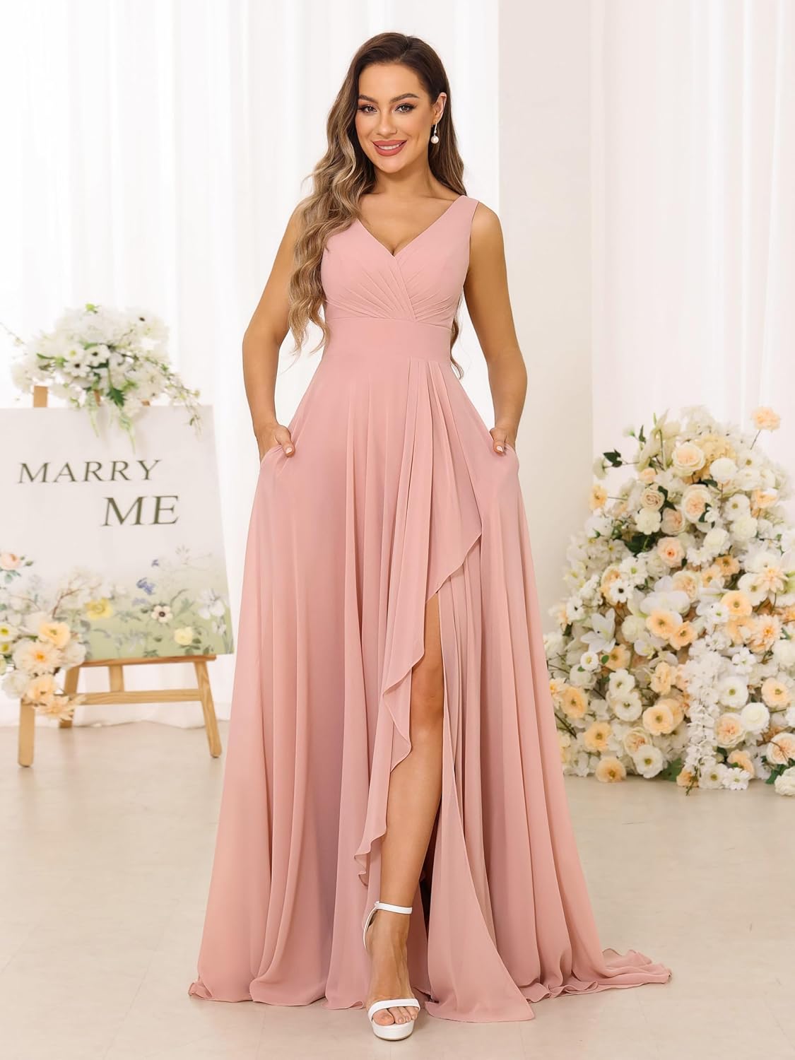 Women Chiffon Long Formal Wedding Guest Dresses with Pocket V Neck Sleeveless Ruched Maxi Bridesmaid Dress with Slit