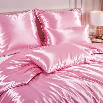 RUIKASI Satin Bedding Set Double Bed - Silky Duvet Cover Set for Hair and Skin, 3 Piece Duvet Set Quilt Cover with 2 Pillowcases, 200x200cm Pink