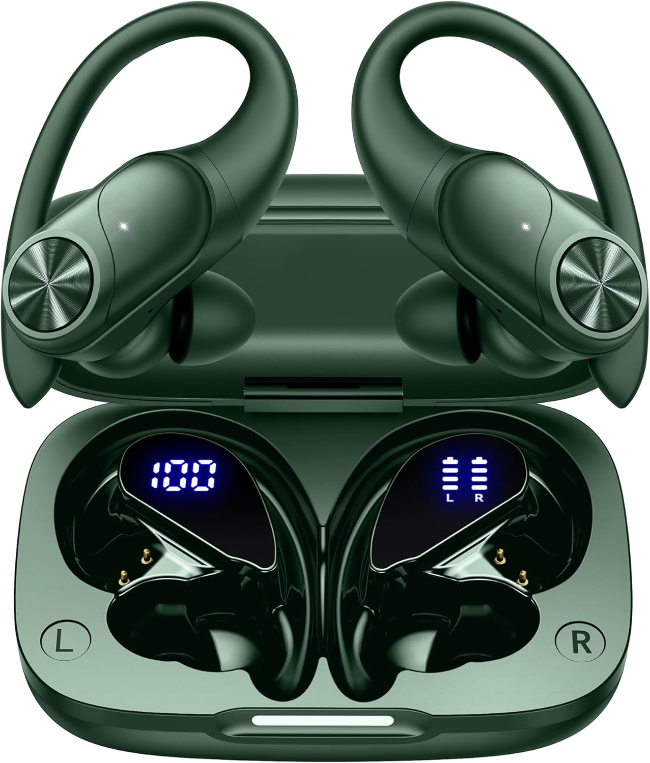 PocBuds Bluetooth Headphones Wireless Earbuds 80hrs Playtime Wireless Charging Case Digital Display Sports Ear Buds with Earhook Deep Bass IPX7 Waterproof Over-Ear Earphones for TV Phone Laptop Black - Thumbnail 4