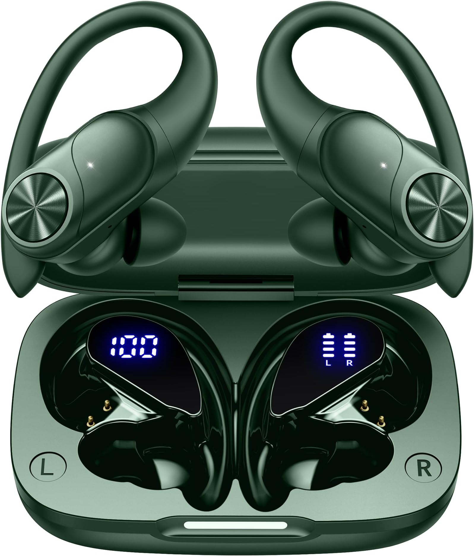 Bluetooth Headphones Wireless Earbuds 80hrs Playtime Wireless Charging Case Digital Display Sports Ear Buds with Earhook Deep Bass IPX7 Waterproof Over-Ear Earphones for TV Phone Laptop Olive