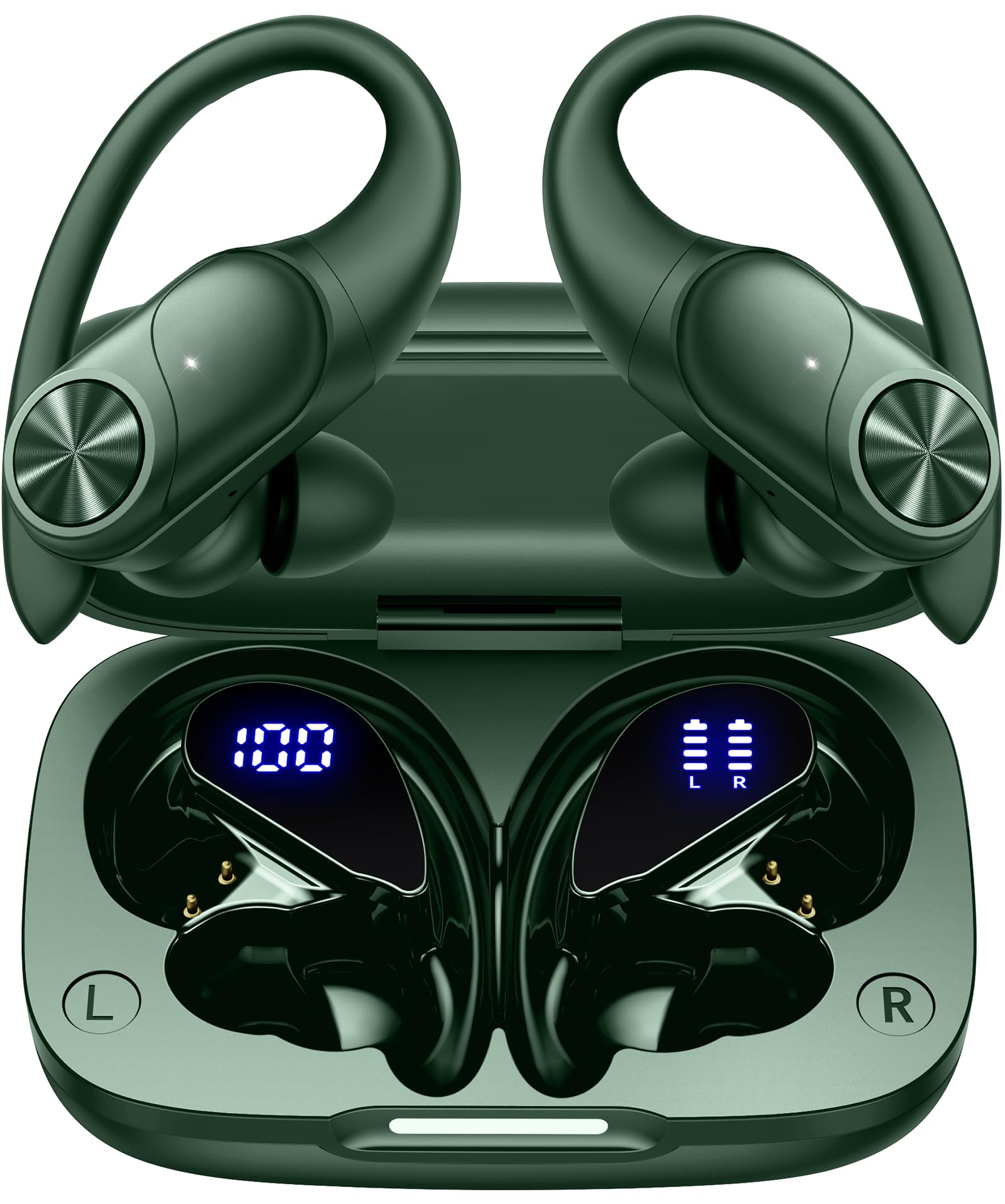 PocBuds Bluetooth Headphones Wireless Earbuds 80hrs Playtime Wireless Charging Case Digital Display Sports Ear Buds with Earhook Deep Bass IPX7 Waterproof Over-Ear Earphones for TV Phone Laptop Olive