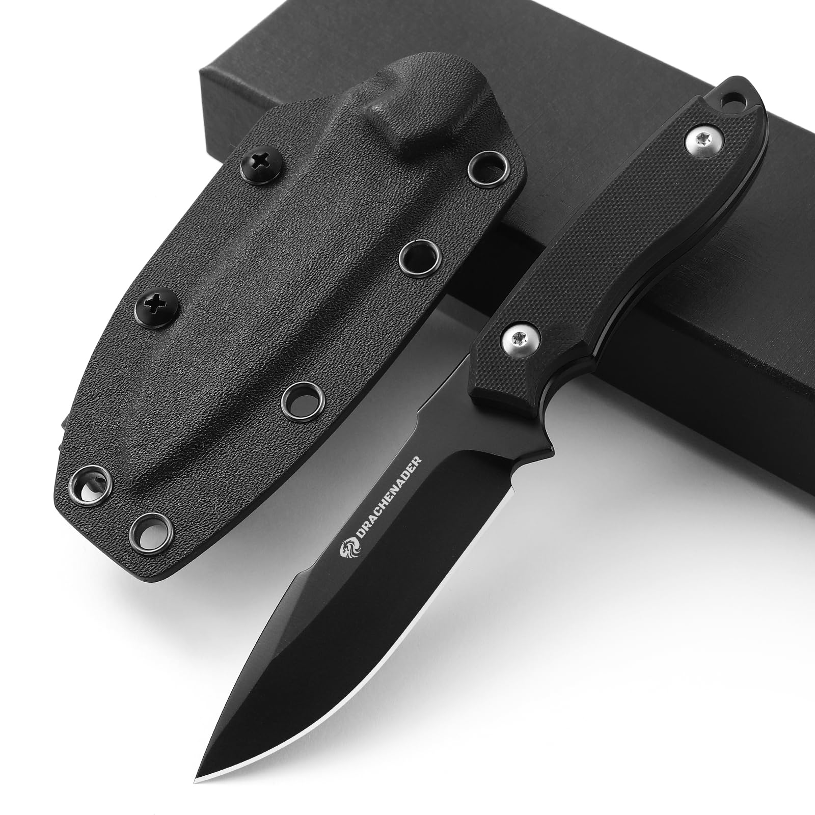 7" D2 Steel EDC Fixed Blade Knife, Versatile Carry with Kydex Sheath and G10 Handle (C- Black Balde + Black Handle)