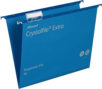 Rexel A4 Heavy Duty Suspension Files with Tabs and Inserts for Filing Cabinets, 15 mm V Base, Polypropylene, Blue, Crystalfile Extra, Pack of 25, 70636