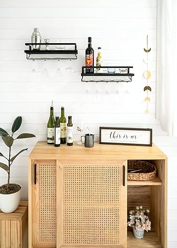 Miniatura 9 de Mkono Estante de vino montado en la pared, juego de 2 soportes para botellas de vino de madera blanca, estantes flotantes con colgador de copas de