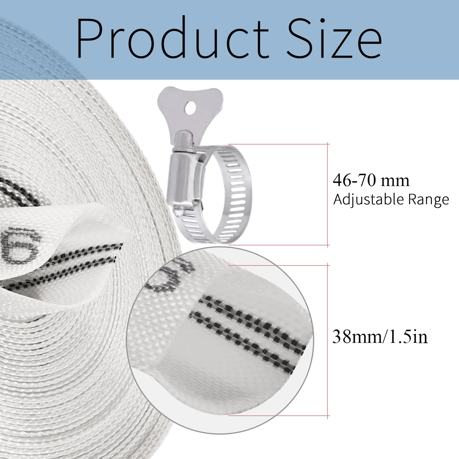 Wąż tkany, Ø 1 1/2", płaski wąż 38 mm, 10 m, zestaw akcesoriów z zaciskiem ze stali nierdzewnej do pomp brudnej wody, pomp ogrodowych, pomp głębinowych lub pomp brudnej wody