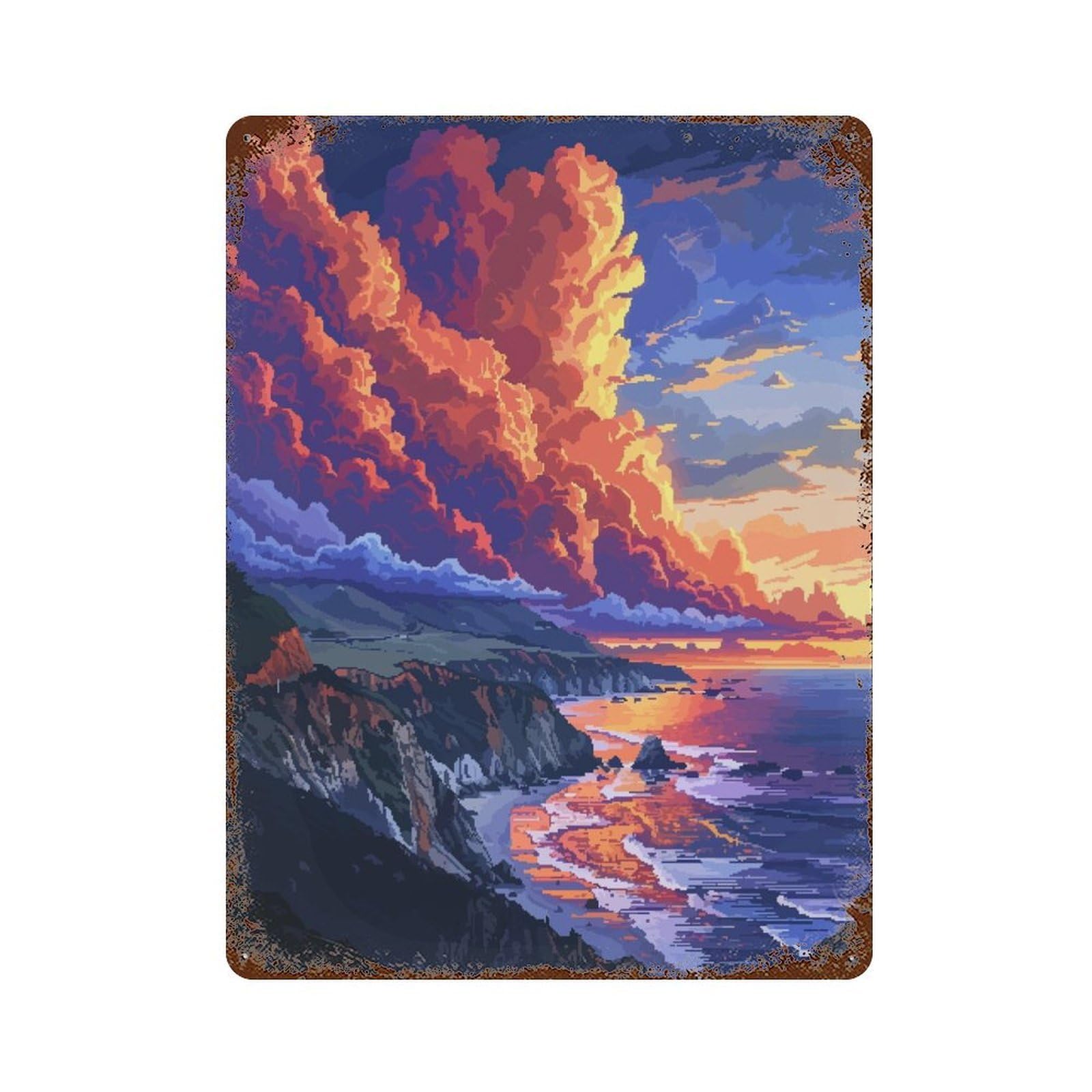 Sunset Coast Pixel Art Vintage Rust Metal Sign 15.7"x11.8", Classic Wall Plaque for Basement, Hobby Room And Garage Decor