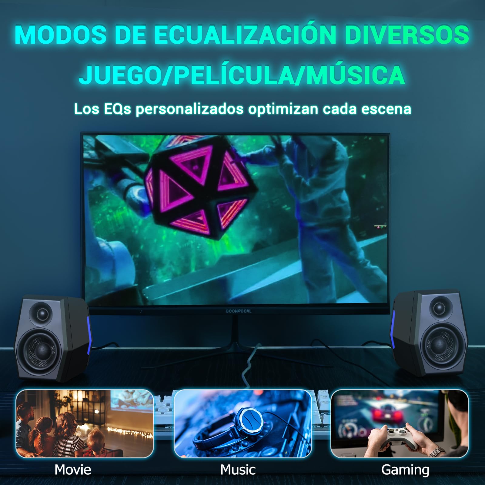 Sanyun SW209 Altavoces Gaming 2.0 36 W, Audio Táctico 3 Modos DSP | Gaming/Cine/Música, DAC 24 bits, USB-C/Bluetooth 5.2/AUX, Driver Fibra Vidrio 7cm + Cúpula Seda 18mm, RGB (Pareja, Negro)