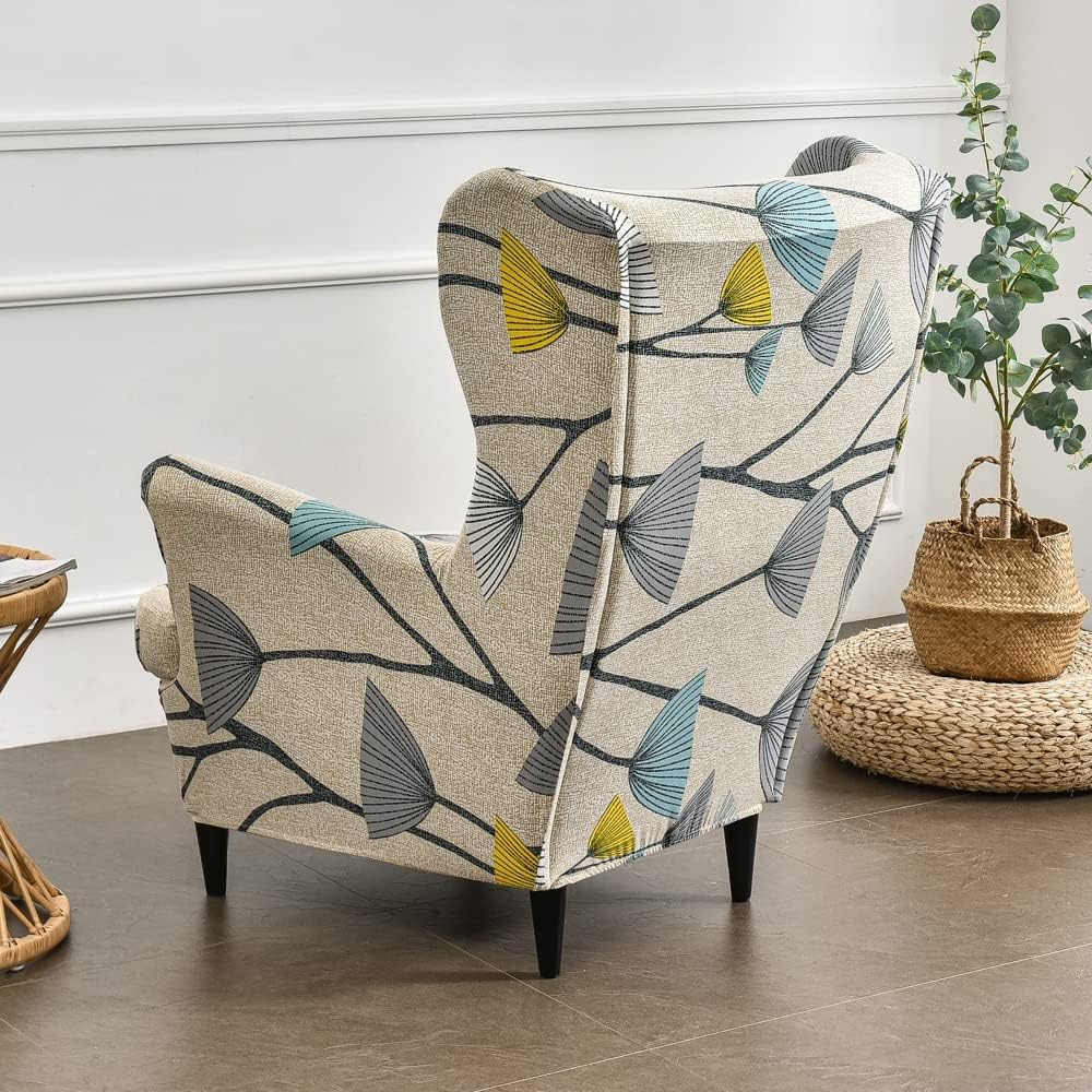 Morbuy Wingback Chair Covers, 2 Piece Wingback Chair Slipcover, Stretch Wingback Chair Cover, Polyester Wing Back Chair Covers for Bedroom, Living Room, Office (Dandelion,One Size)