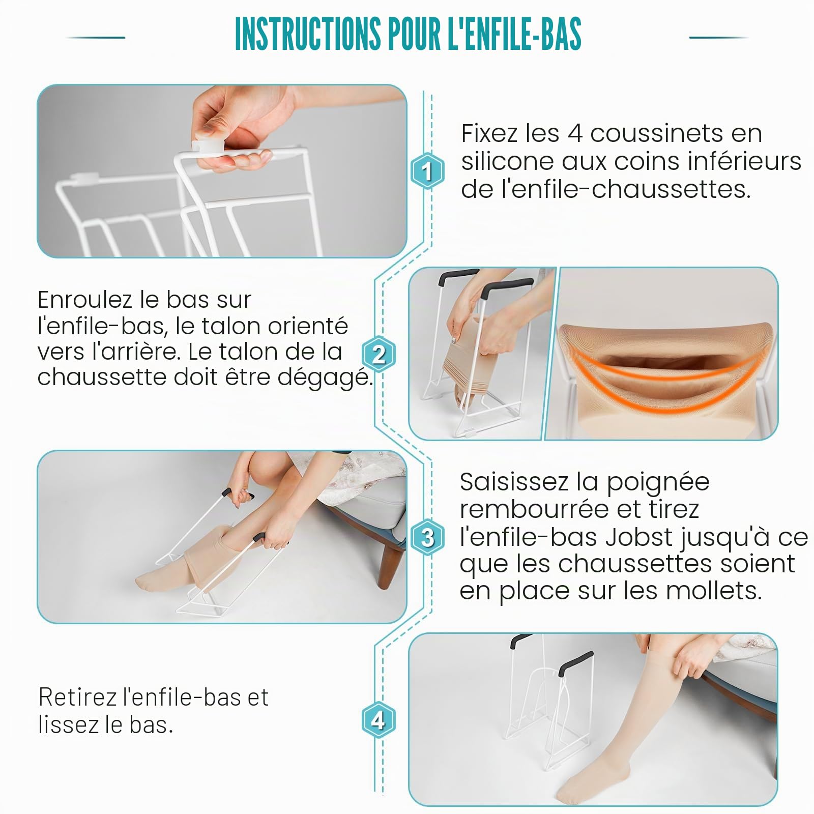 Glosaie Sock Aid Enfile-bas de contention Aide à l'enfilage des chaussettes de compression pour gros mollets de moins de 46 cm de circonférence Blanc