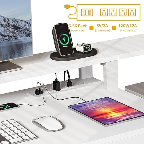 Miniatura 5 de DWVO Escritorio en forma de L con cajones, escritorio de computadora de 65 pulgadas con tomas de corriente y luces LED, escritorio de esquina para