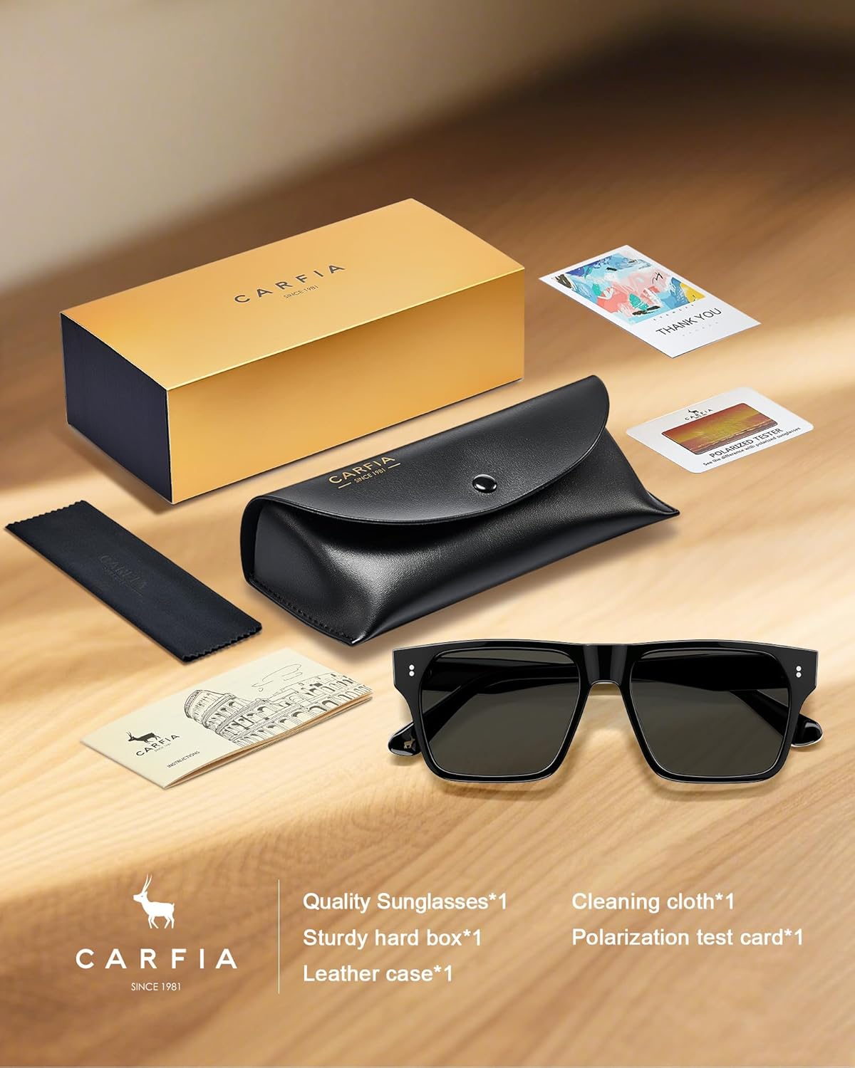 CARFIA Modern Sunglasses for Men Polarized UV400 Protection Flat Large Wrap Square Acetate Driving Glasses - Image 6