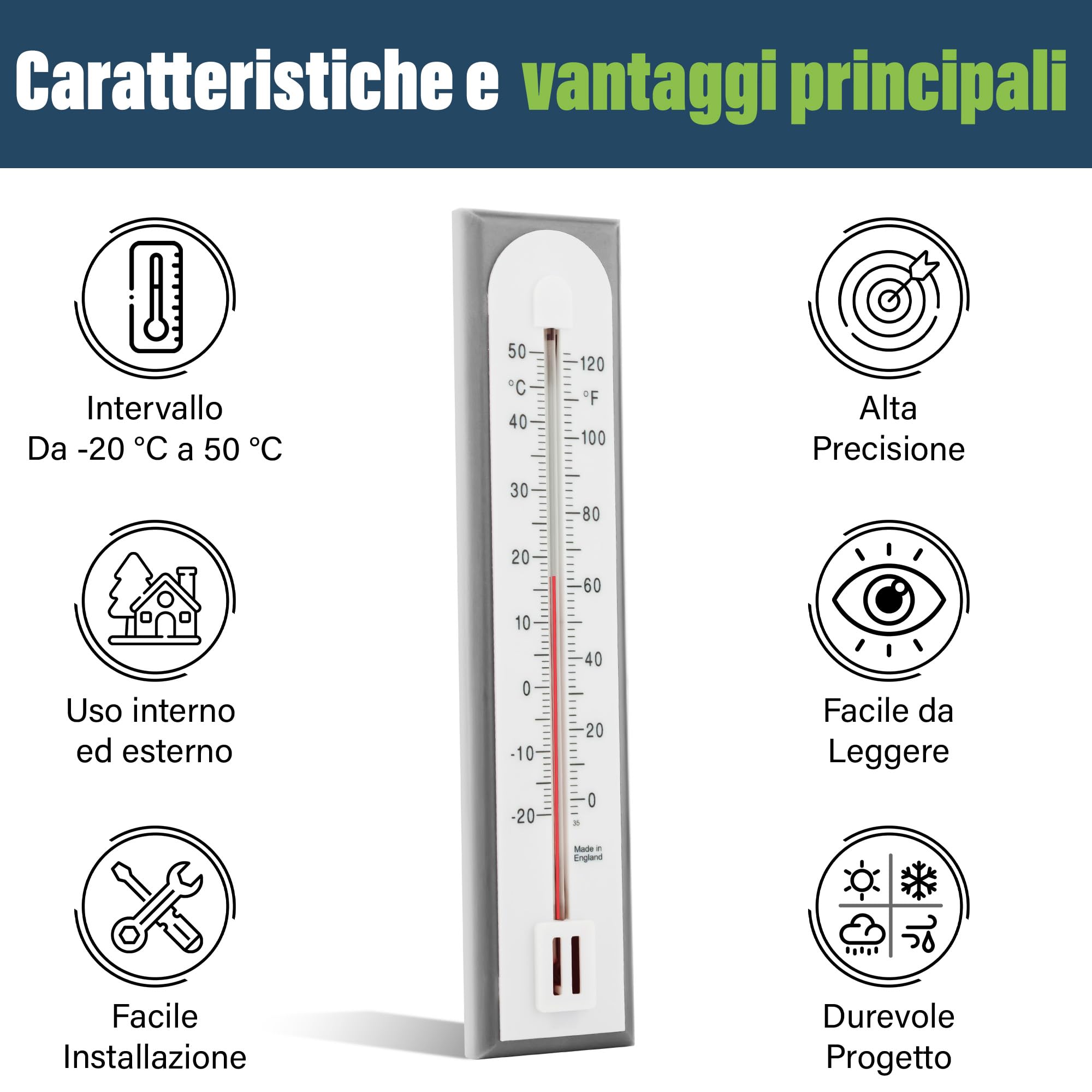 Termometro Ambiente Interno da utilizzare come termometro per temperatura ambiente e termometro da parete in casa, in ufficio, in giardino o in serra, facile da montare a parete da utilizzare