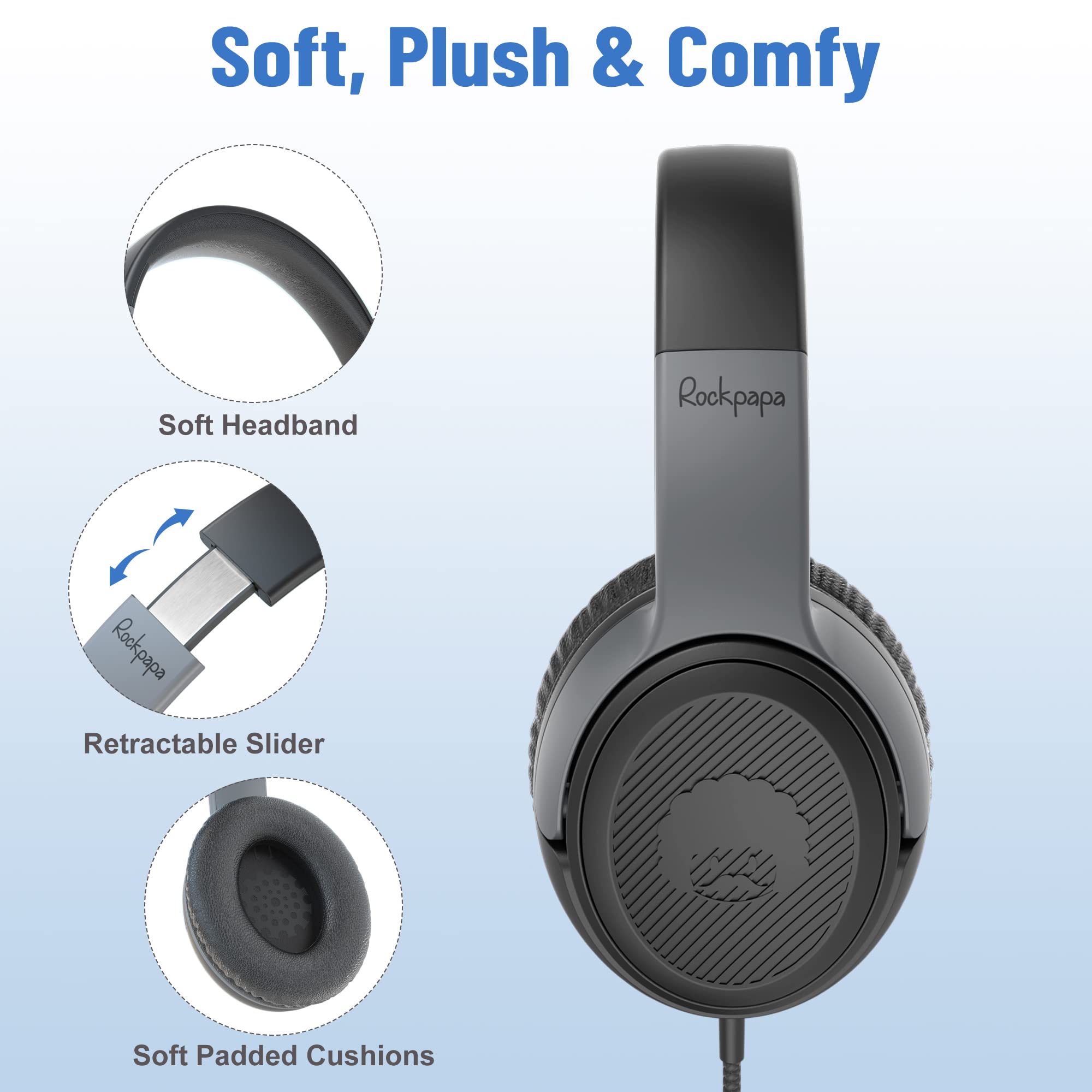 Rockpapa Share1 Kids Headphones Wired with Microphone, 85/94dB Volume Limited, Sharing Function, Foldable, Adjustable - Image 3