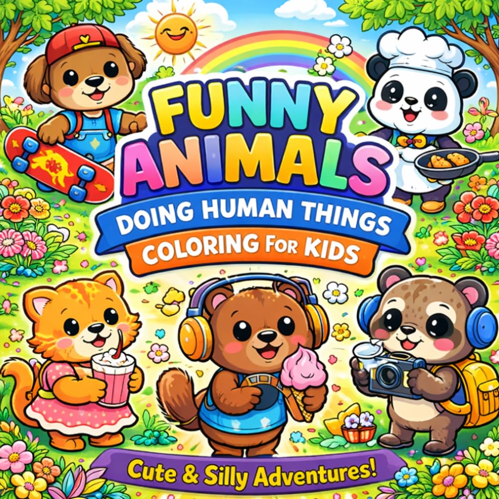 Funny Animals Doing Human Things Coloring for Kids: Bold & Easy Silly Animal Adventures – Cute Pets Cooking, Playing & Acting Like Humans for Ages 4–8