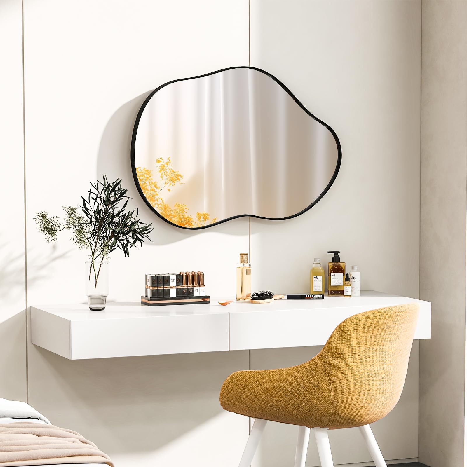 RELAX4LIFE Unregelmäßiger Wandspiegel, asymmetrischer Spiegel mit robustem Metallrahmen & HD-Glas, Einzigartiger Kosmetikspiegel, dekorativer Hängespiegel für Flur, Schlafzimmer, Wohnzimmer, Schwarz
