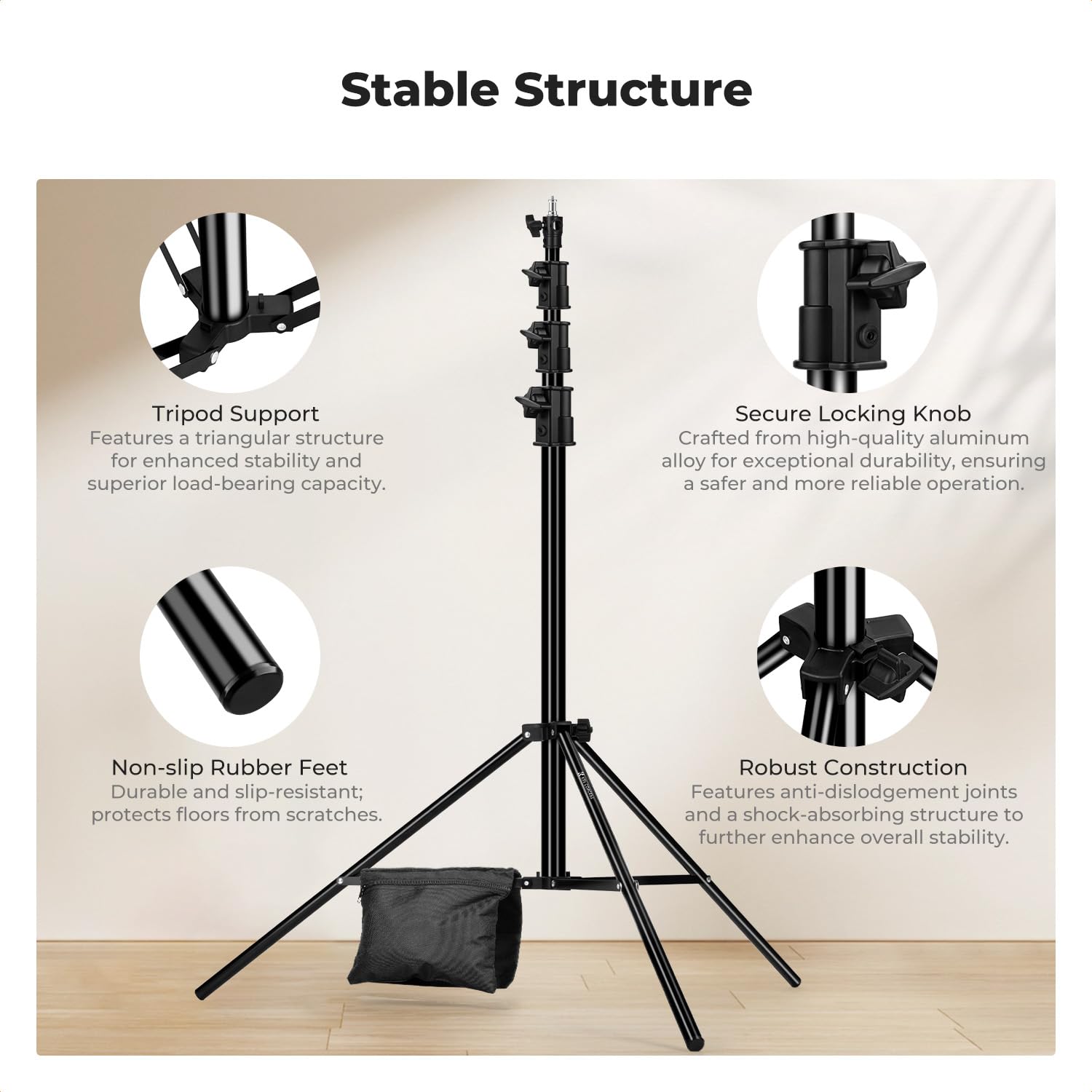 K&F CONCEPT Soporte de Luz de 4 m con Amortiguación de Aire, Trípode Metálico Resistente Carga 6 kg, Incluye Adaptador 3/8" y Bolsa, para Ring Light, Reflector y Vídeo