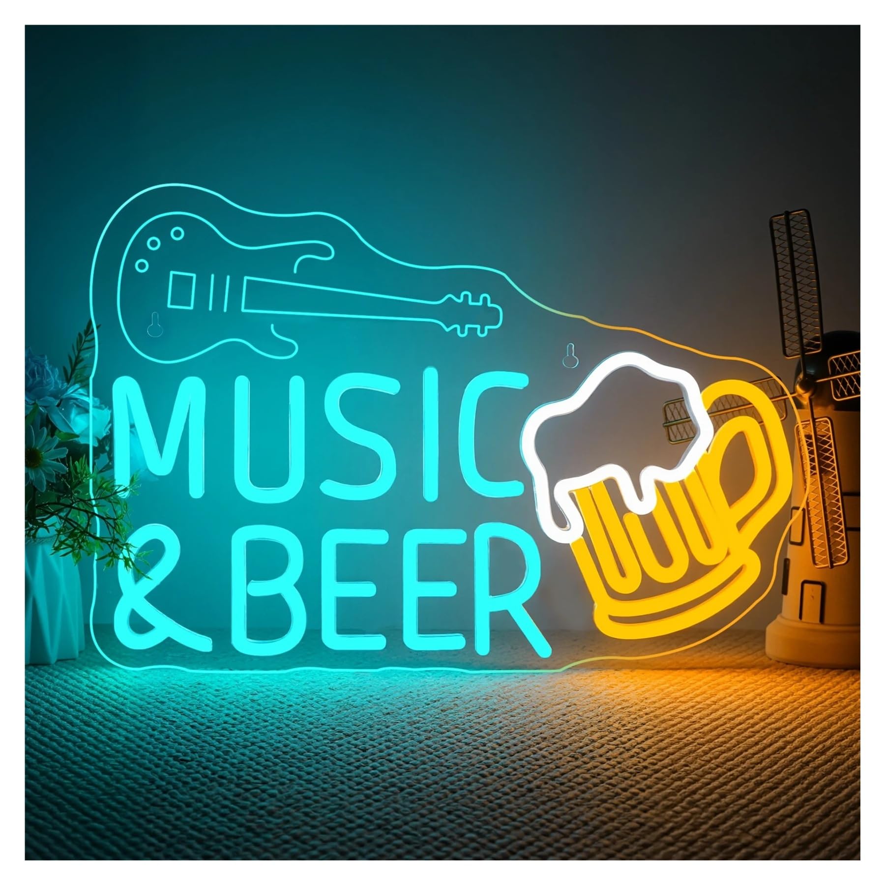 Insegna al Neon Insegna Al Neon Con Musica E Birra, Decorazione Estiva Da Parete Per Chitarra, Per Feste In Casa, Pub E Bae 41x28cm