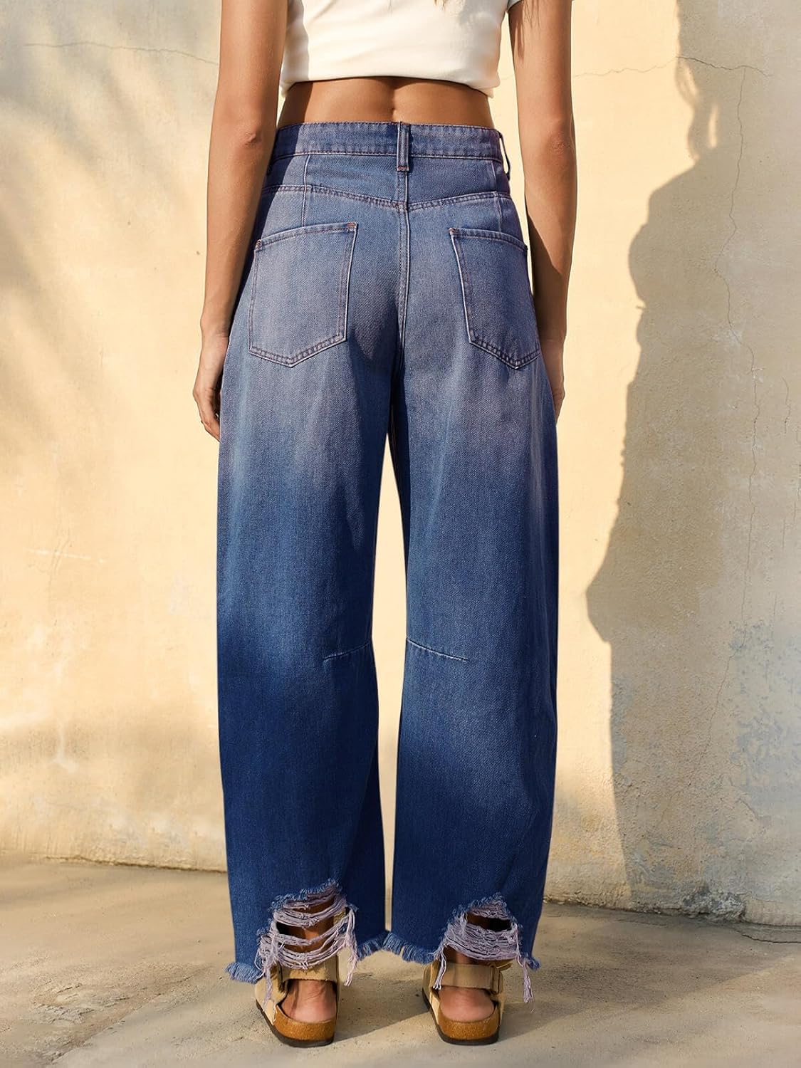 Cicy Bell Womens Baggy Barrel Jeans Cropped Boyfriend Wide Leg Raw Hem Denim Pants - Image 3