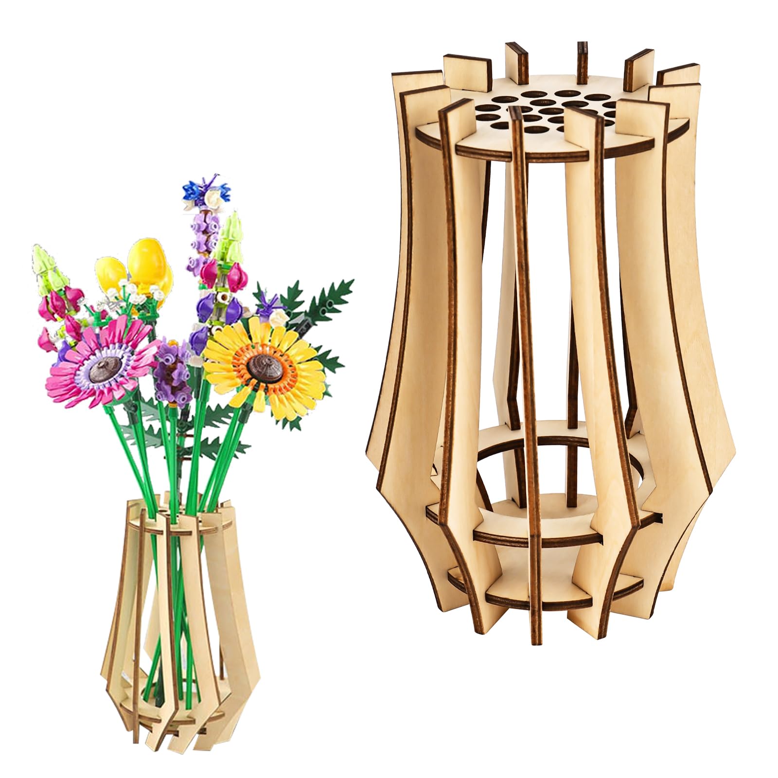 Trendecor Jarrón para flores Lego, flores 3D, rompecabezas de madera, ramo de flores, jarrón de madera para Lego Ramo de flores, kit de construcción, soporte para decoración del hogar, decoración de