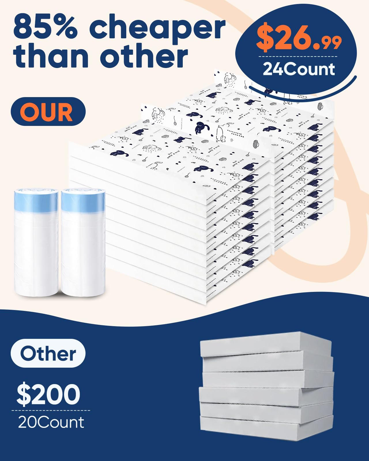 Paquete de 24 forros para caja de arena compatibles con Safe Pets Scoopfree para caja de arena para gatos, bolsas grandes para excrementos de gatos con cartón antiarañazos y cordón, resistente al