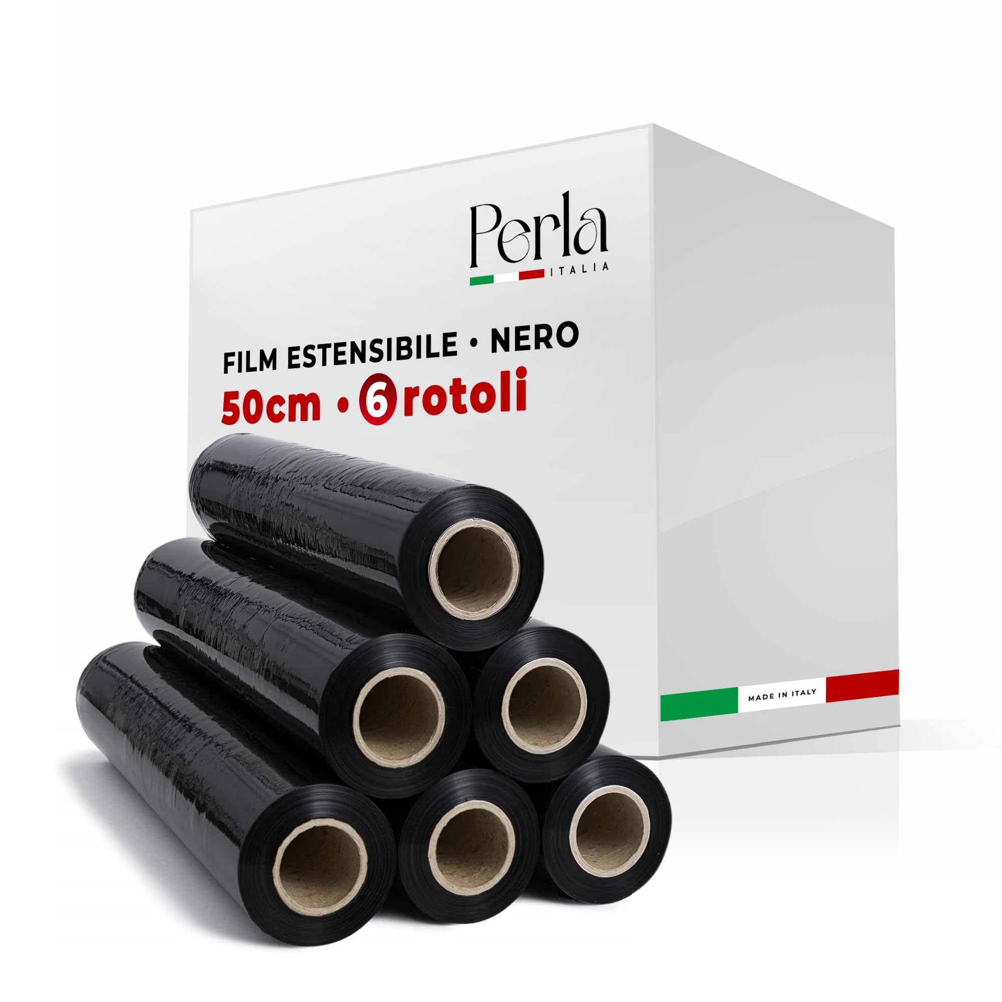 Perla, 6 Rotoli Film Estensibile Imballaggio, Pellicola Nera per Imballaggio, Bobina peso 2,4 Kg, Altezza 50 Cm Spessore 23mycron, Rotolo Pellicola Multiuso Extra Resistente per Spedizioni e Trasloco