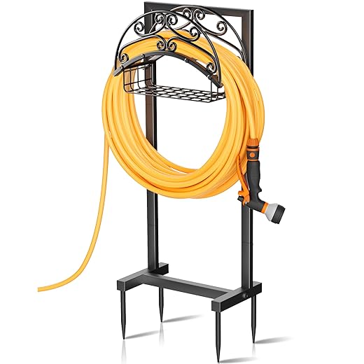 Gayuteay Garden Hose Holder – Upgraded Water Hose Stand with Storage Basket Holds 151ft, Heavy Duty Freestanding Garden Hanger Storage Rack for Outside Yard Lawn Farm