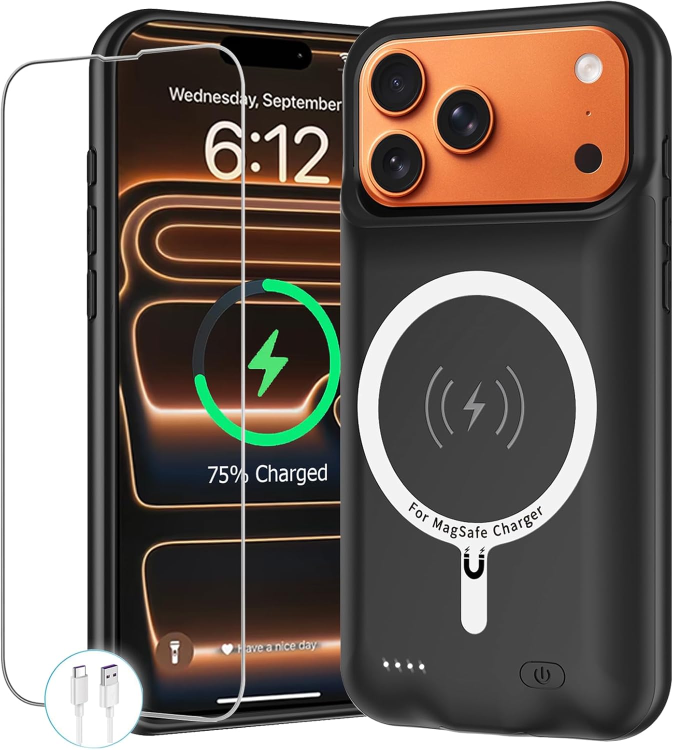 Battery Case for iPhone 17 Pro Max, 12000mAh Protective Charging Case with Wireless Charging Compatible with iPhone 17 Pro Max (6.9 inch) Rechargeable Battery Pack Charger Cover with Carplay (Orange)