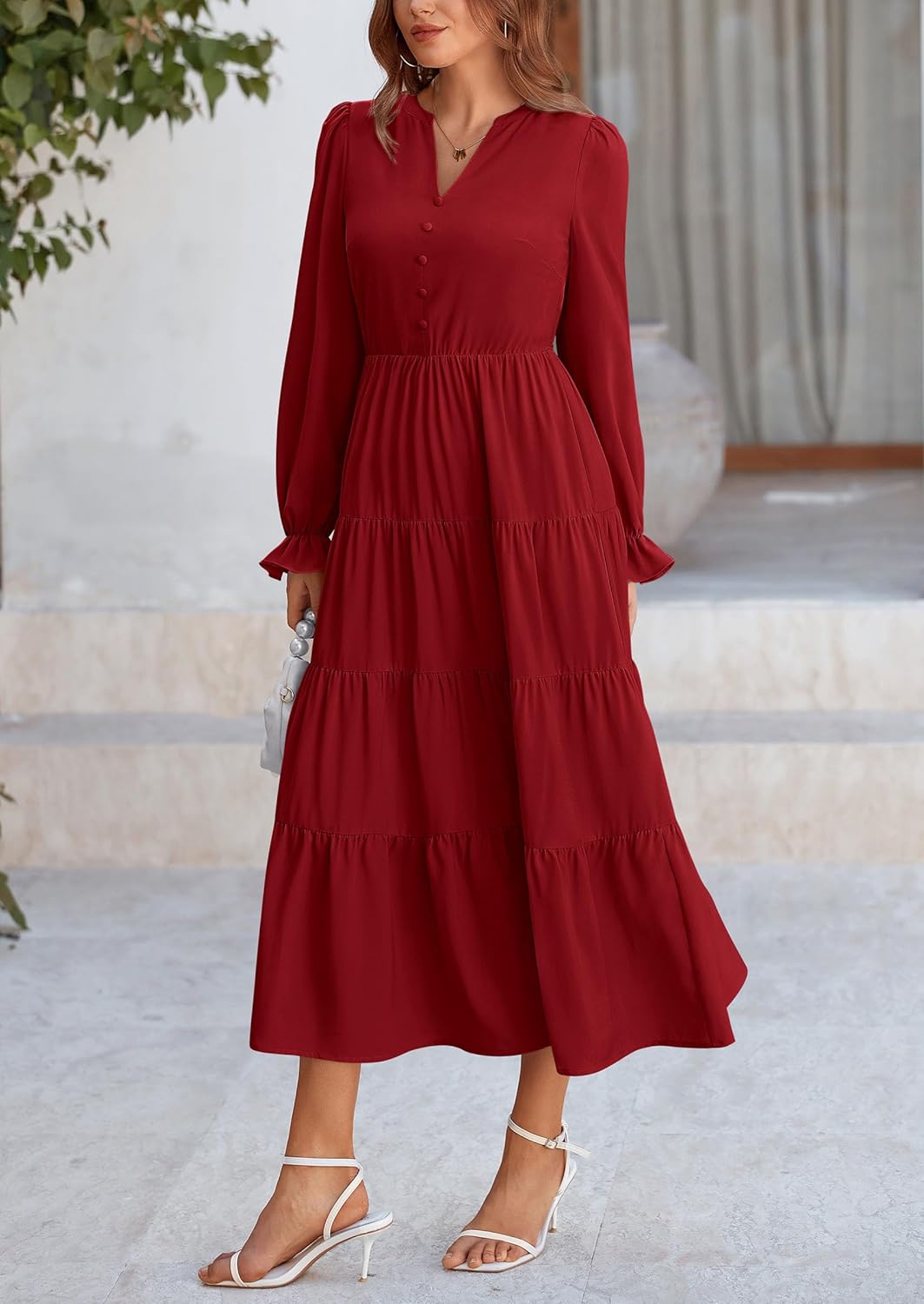 PRETTYGARDEN Long Sleeve Dress for Women Fall V Neck Tiered A Line Spring Elegant Modest Flowy Wedding Guest Maxi Dresses - Image 7