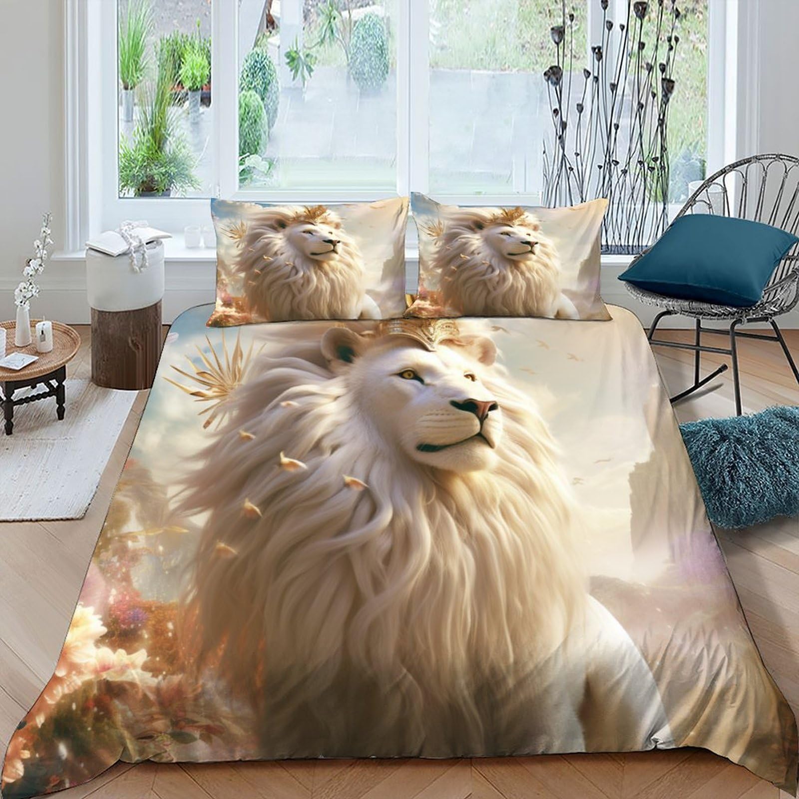 Housse de couette lion blanc 3D pour transformer la chambre des adultes et des enfants