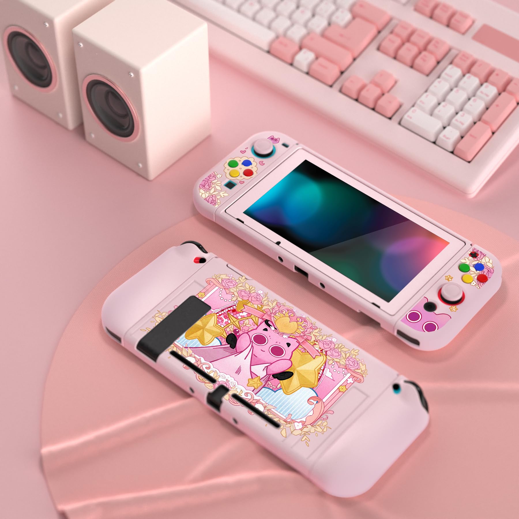 playvital Cover Custodia per Nintendo Switch,Copertura TPU Pellicola Vetro Temperato Protezione Copri Analogici Accessori per Joycon Console-ZealProtect-PP & Pink