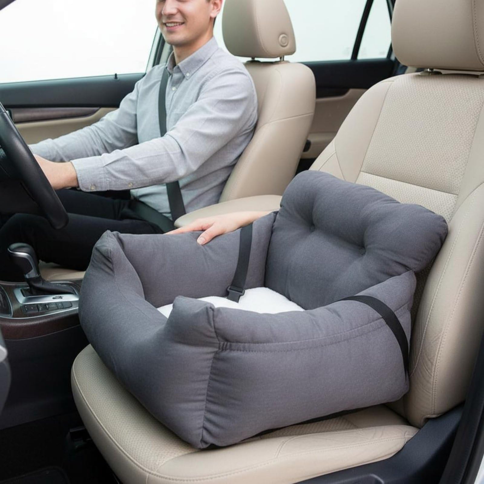 Vehicle Seat Cushion Cuccia da Viaggio Auto per Animali Domestici con Pelliccia Calda Strisce Regolabili Installazione Stabile su Console Centrale, color to 1, 58x52x31 CM