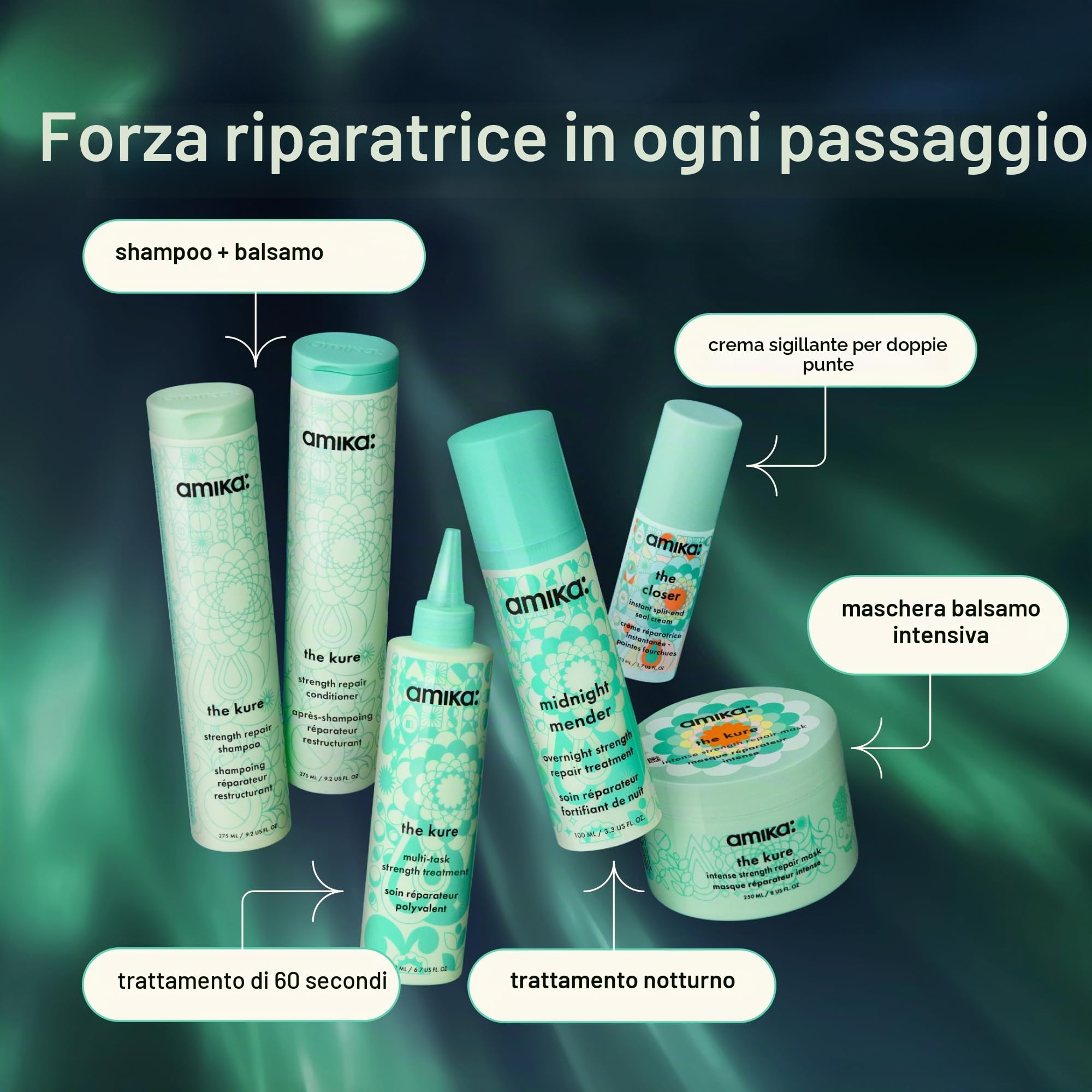 amika Midnight Mender Strength Repair Maschera per capelli durante la notte - Balsamo senza risciacquo + trattamento con doppie punte per ciocche danneggiate e fragili - Ripara la cura dei capelli per