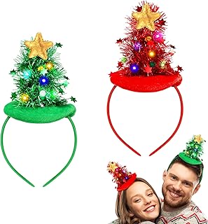 2 Pcs Christmas Light up Tree Headband Christmas Headbands with LED for Women Christmas Tree Glow Hat for Christmas Supplies and Holiday Parties Favors