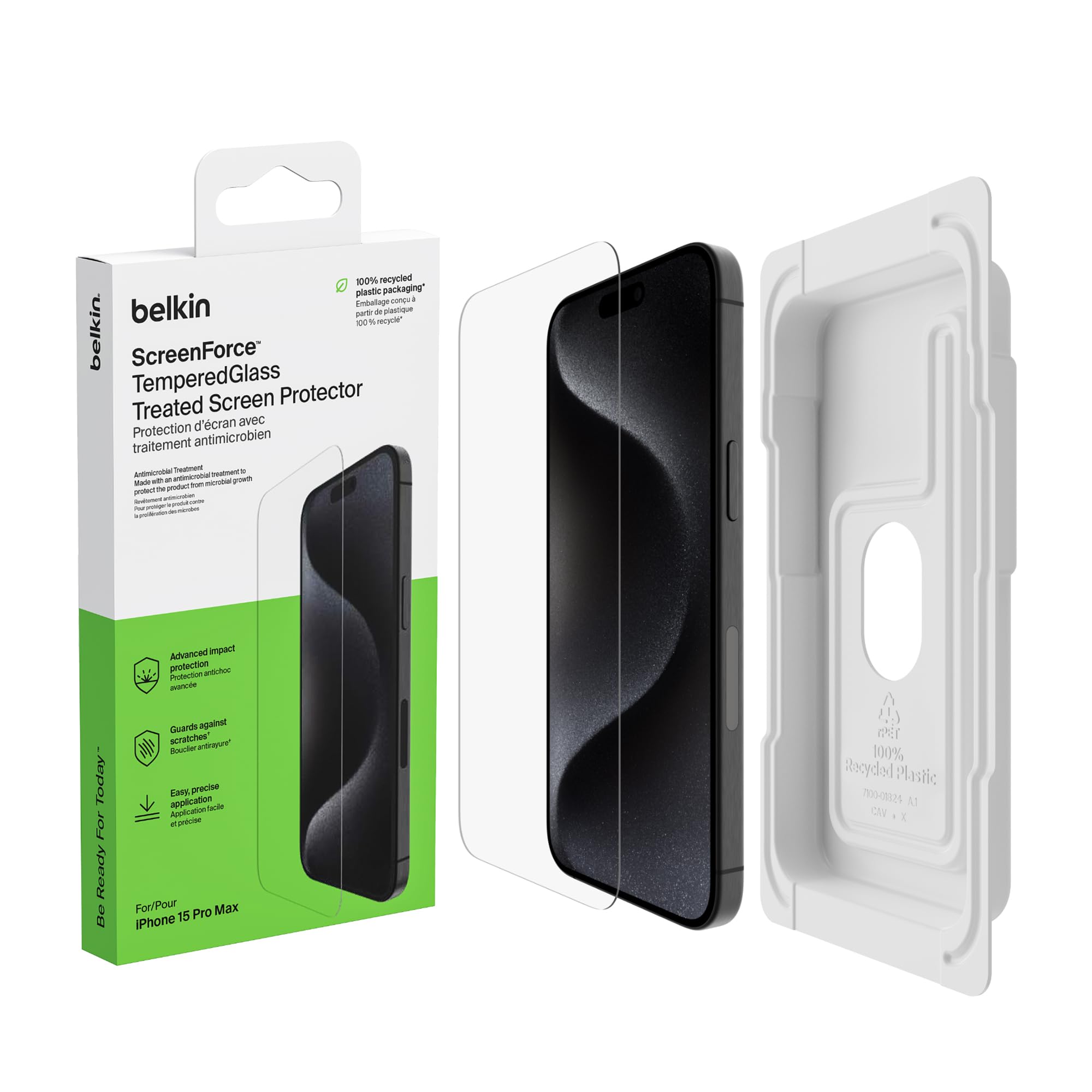 Belkin protector de pantalla ScreenForce TemperedGlass con revestimiento para iPhone 15 Pro Max, claridad y nitidez cristalinas, antiarañazos, bandeja de alineación fácil para aplicación sin burbujas
