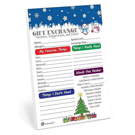 Holiday Gift Exchange Ideas and Questionnaire - Fill in the blank form - 25 Pack, 5 x 7-inch - Non-Religions Holiday Winter Party, for Home, Office, At Work, Friends, or Family - Help others know what gift you want - Great for learning what kids and adults want this holiday season.