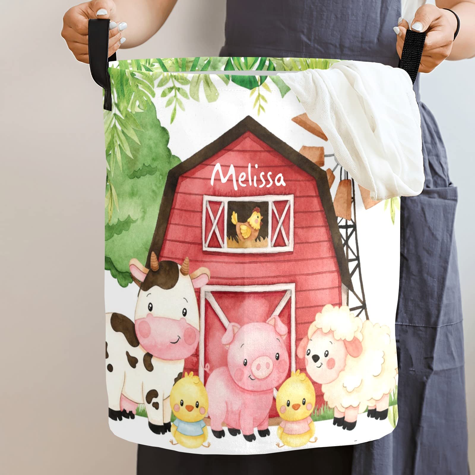 Personalized Laundry Basket, Farm House Animals Cow Sheep Pig Custom Storage Bins Laundry Hamper with Name Collapsible Toys Organizer