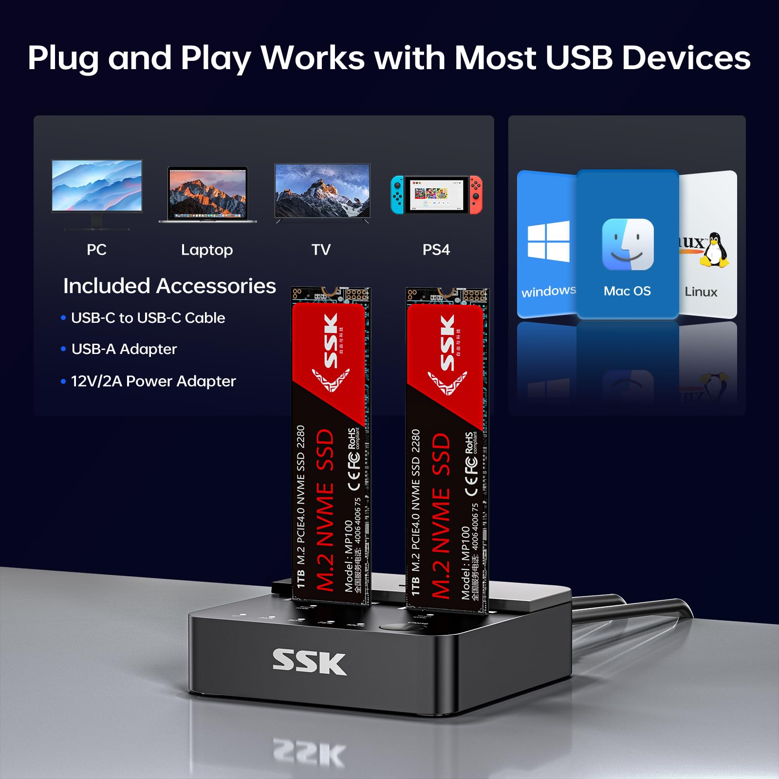 SSK M.2 NVMe SATA SSD Cloner Estación de Acoplamiento, 10 Gbps USB 3.2 Gen 2 Carcasa Duplicadora de Clonación de SSD PCIe con Clave M/Clave B+M con Clonación Sin Conexión