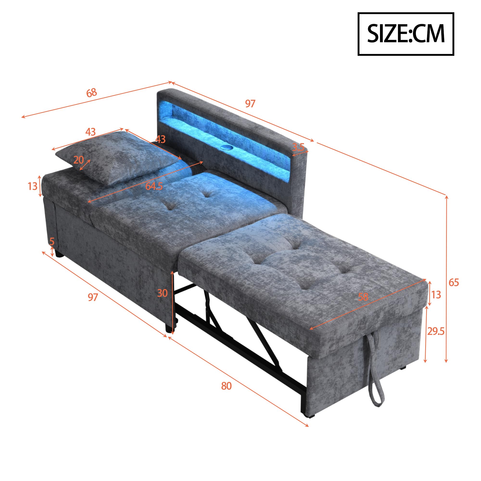 Merax 3-in-1 Schlafsofa mit LED-Armlehnen & USB/Typ-C-Anschlüssen, mit 5-Fach Verstellbarer Rückenlehne, umwandelbar zu Sofa, Lounge & Einzelbett, platzsparendes Gästebett, Leinenstoff, Hellgrau