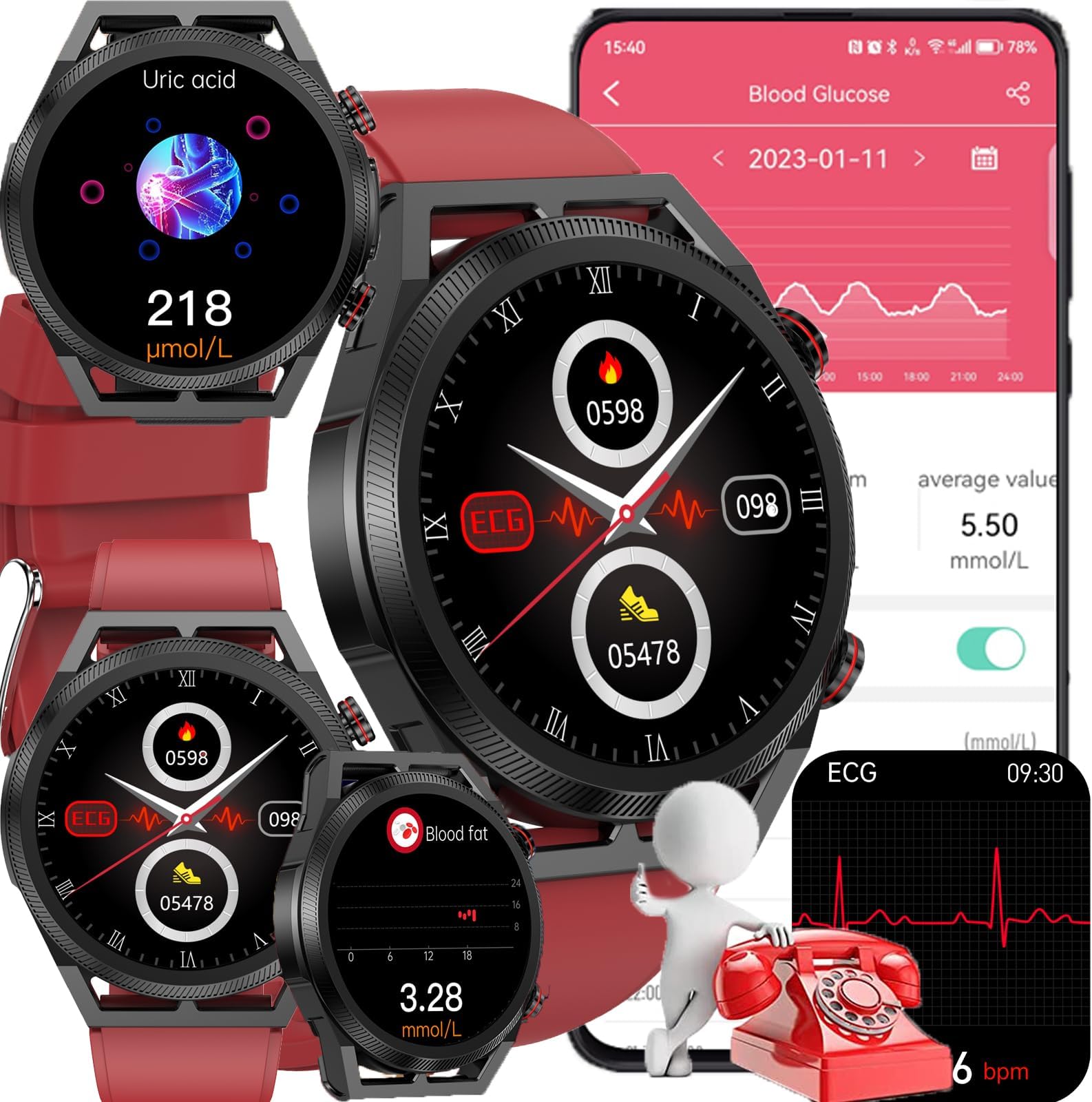 Blood Glucose Smart Watch, ECG HRV Fitness Tracker with Heart Rate Blood Pressure Uric Acid Measurement, Blood Lipid Monitoring, 20 Sports Modes, Text & Call, for Men & Women,Red