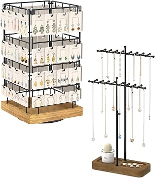 MODOWEY 360 Rotating Earring Cards Organizer Holder Stands for Selling Vendors 64 hooks Necklace Holder Organizer Stand with 36 Hooks, Tall Display Tree Rack for Women Men